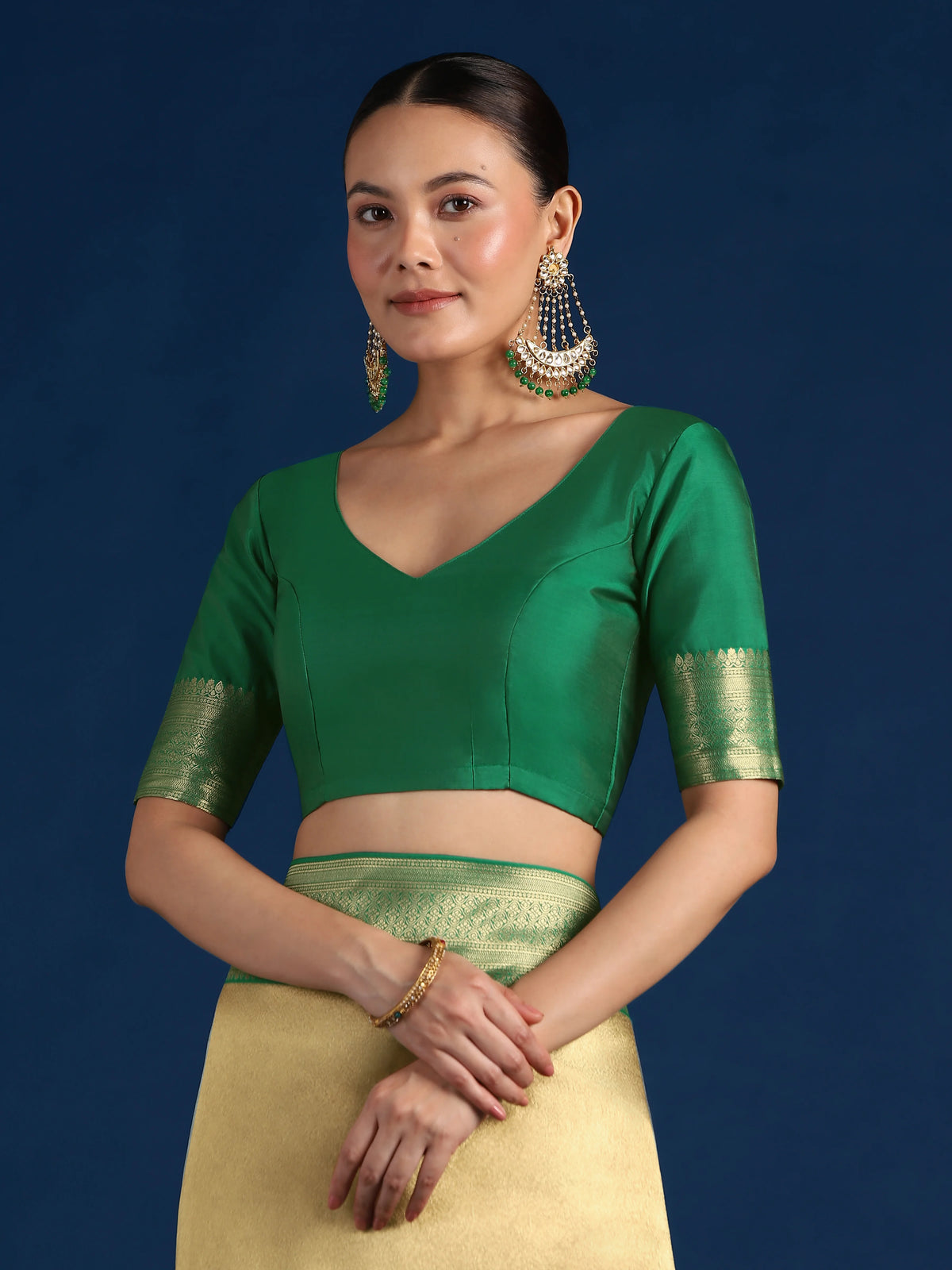 Dark Green Silk Blend Saree with Wide Zari Border, blouse detail