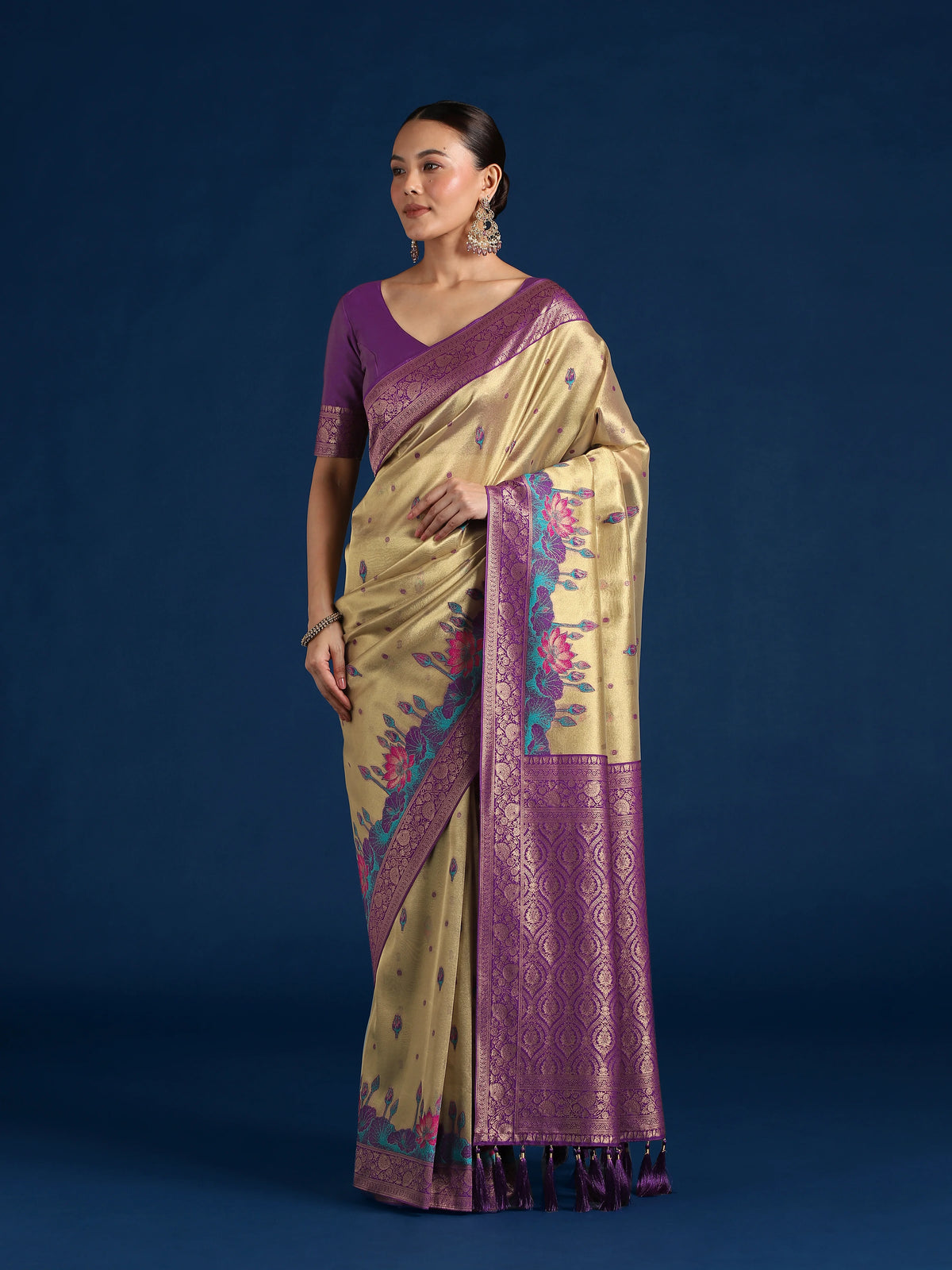 Purple Silk Blend Saree with Woven Floral Motifs, front