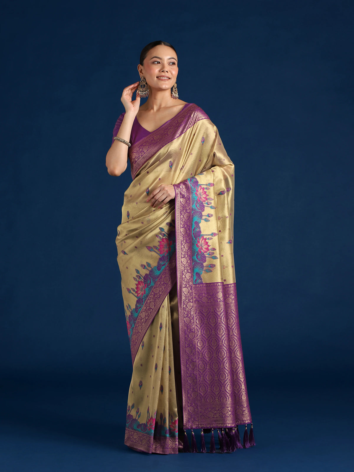 Purple Silk Blend Saree with Woven Floral Motifs, styled on model