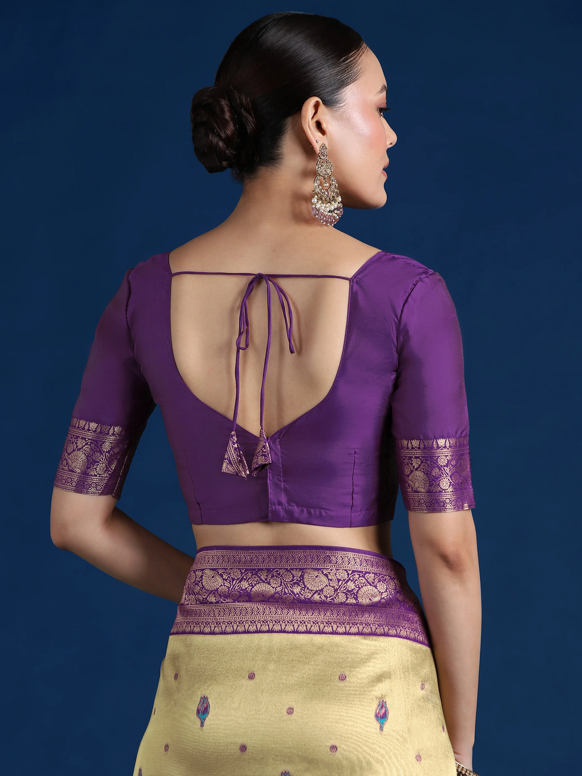 Purple Silk Blend Saree with Woven Floral Motifs, blouse back