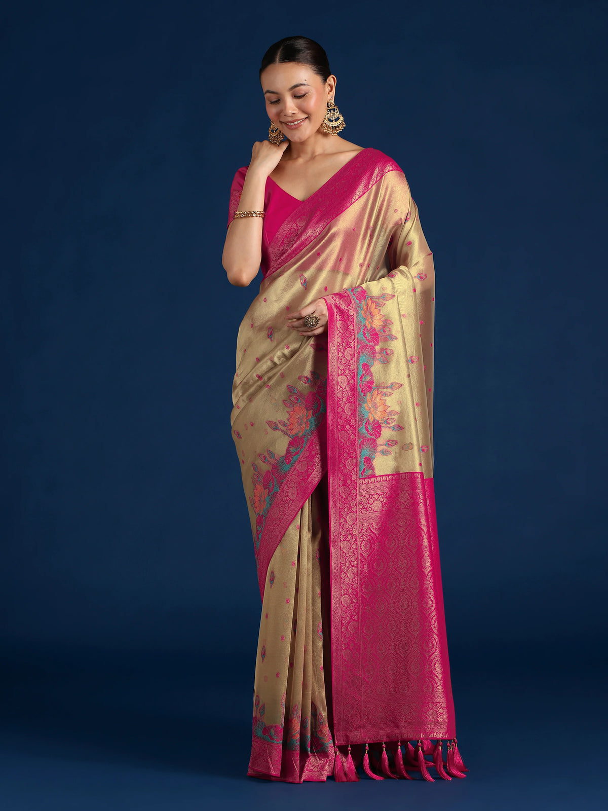 Rani Pink Silk Blend Saree with Woven Floral Motifs, front