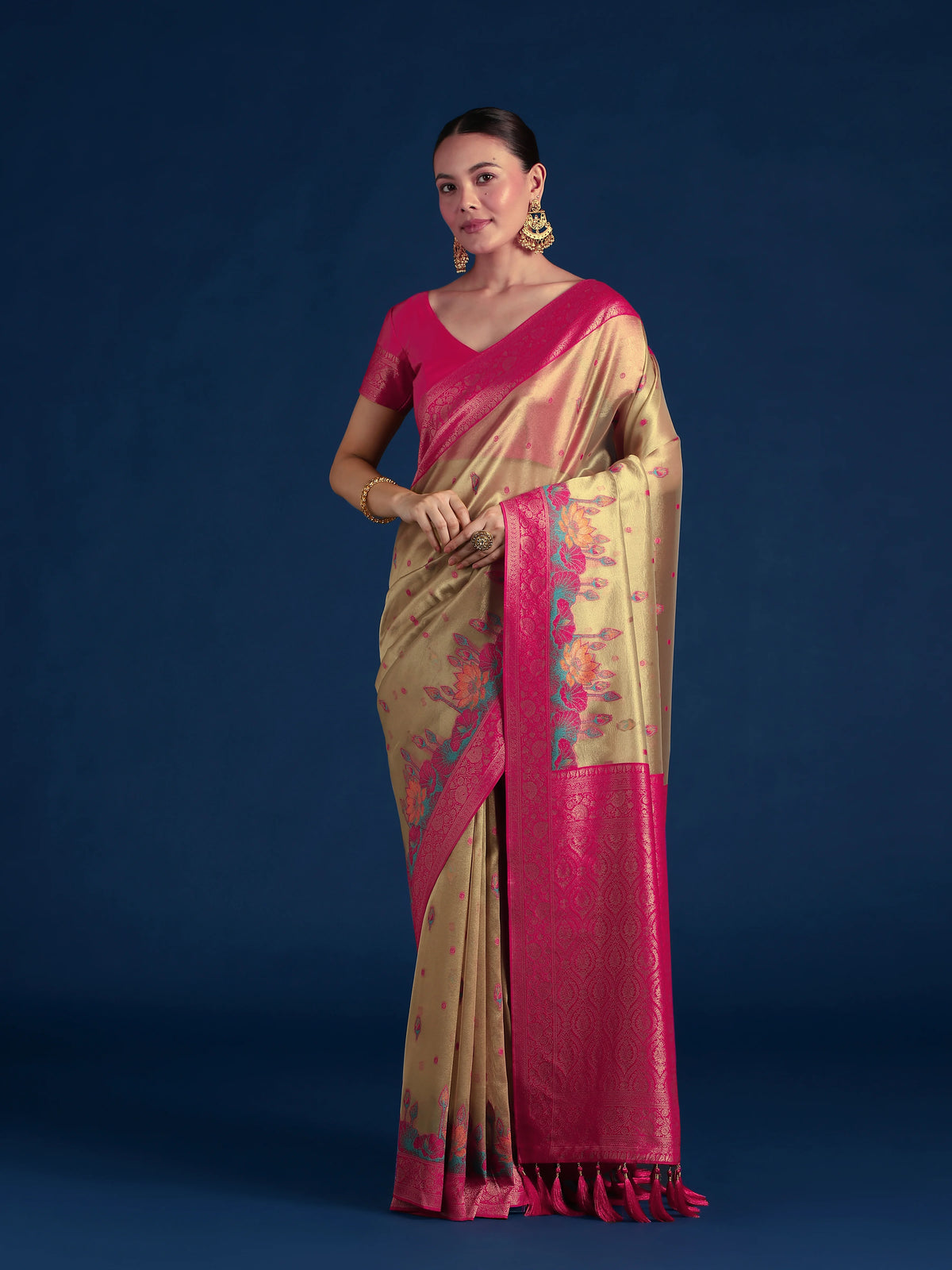 Rani Pink Silk Blend Saree with Woven Floral Motifs, styled on model