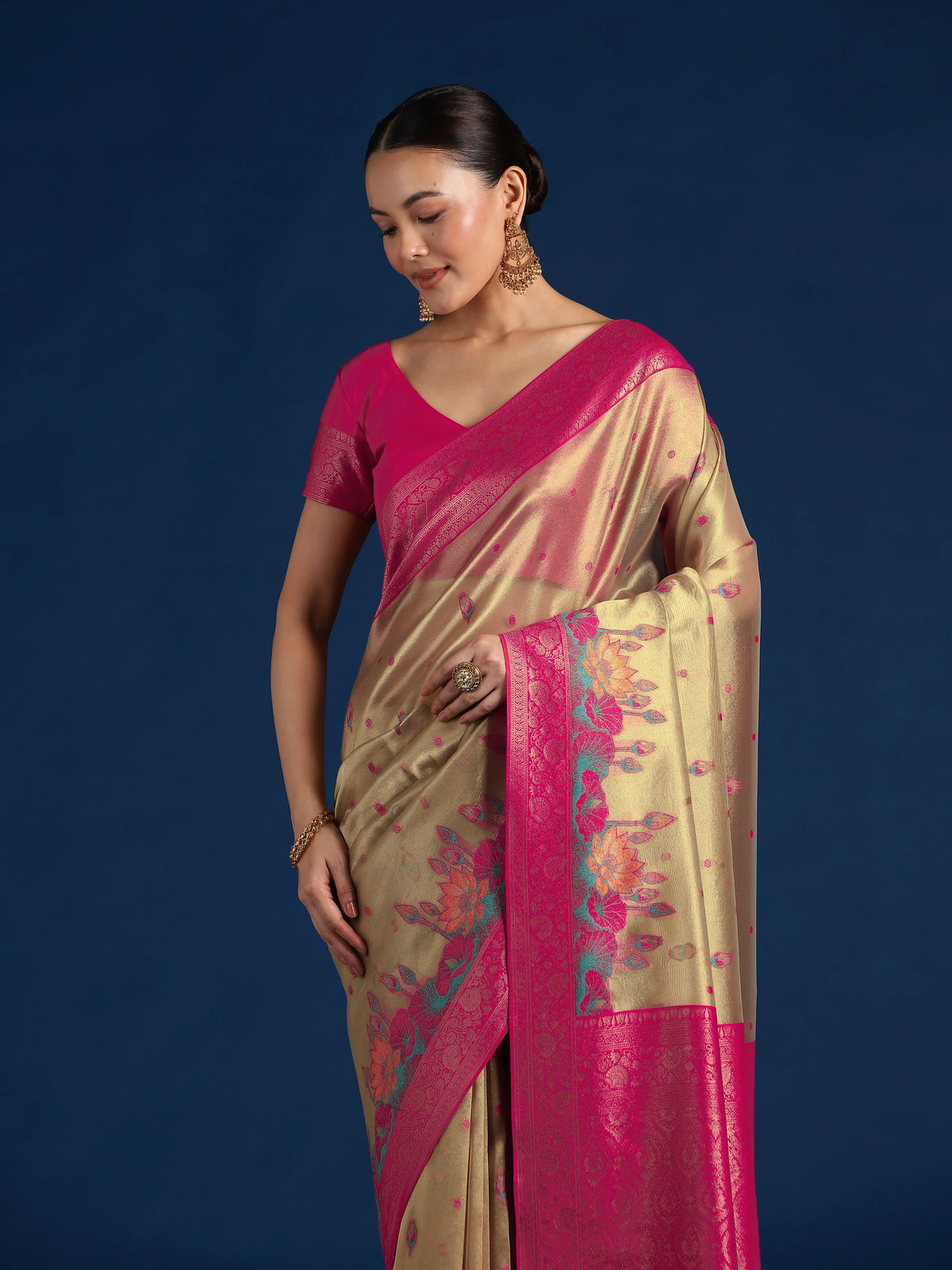 Rani Pink Silk Blend Saree with Woven Floral Motifs, drape detail