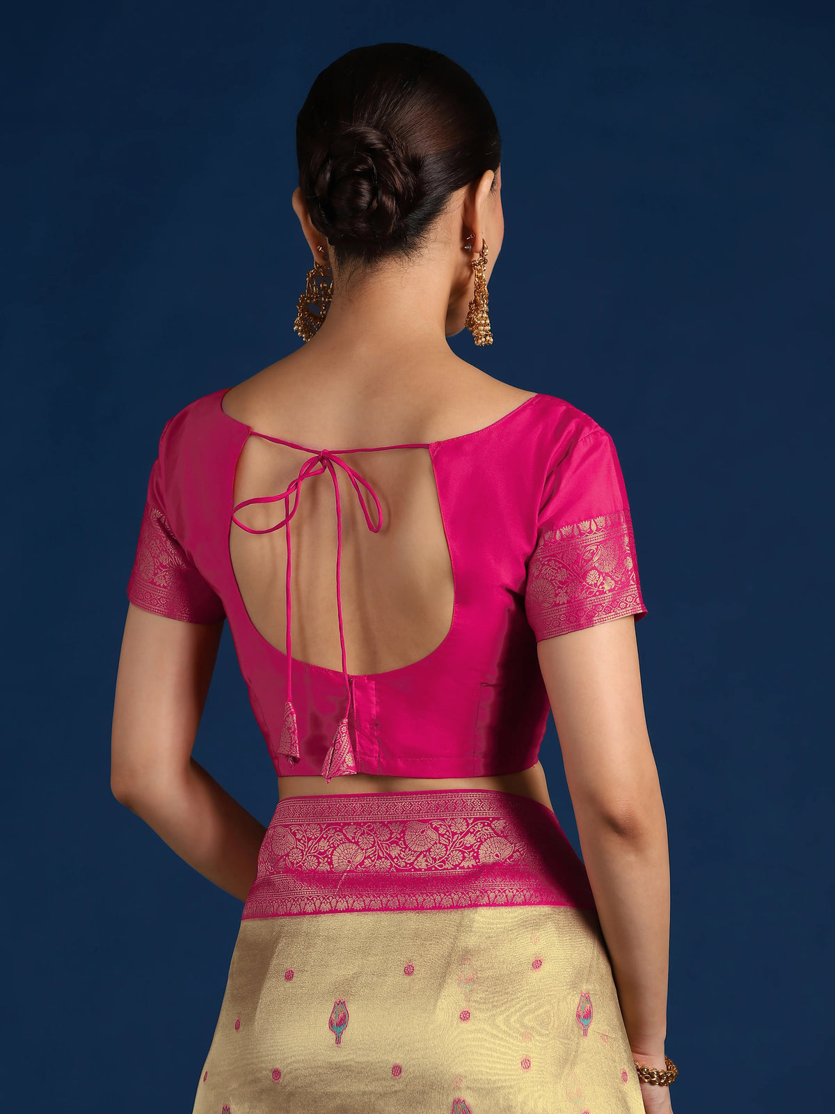 Rani Pink Silk Blend Saree with Woven Floral Motifs, blouse back