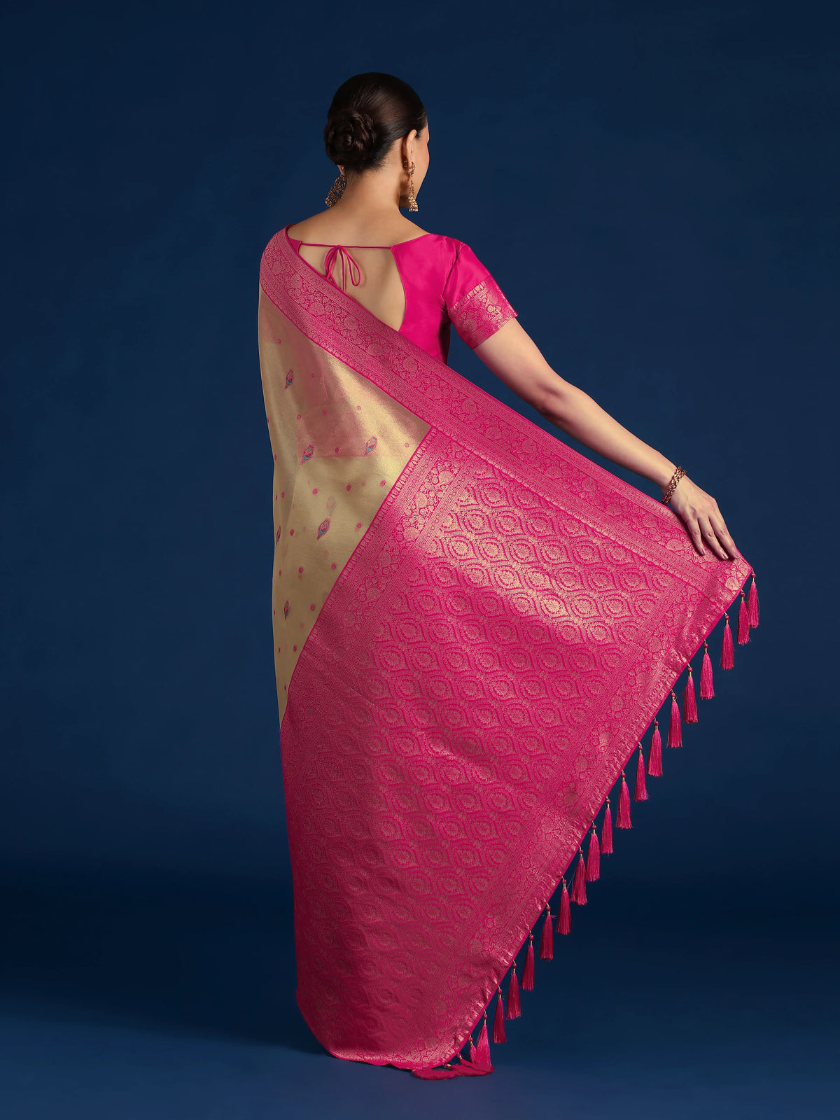 Rani Pink Silk Blend Saree with Woven Floral Motifs, back with pallu