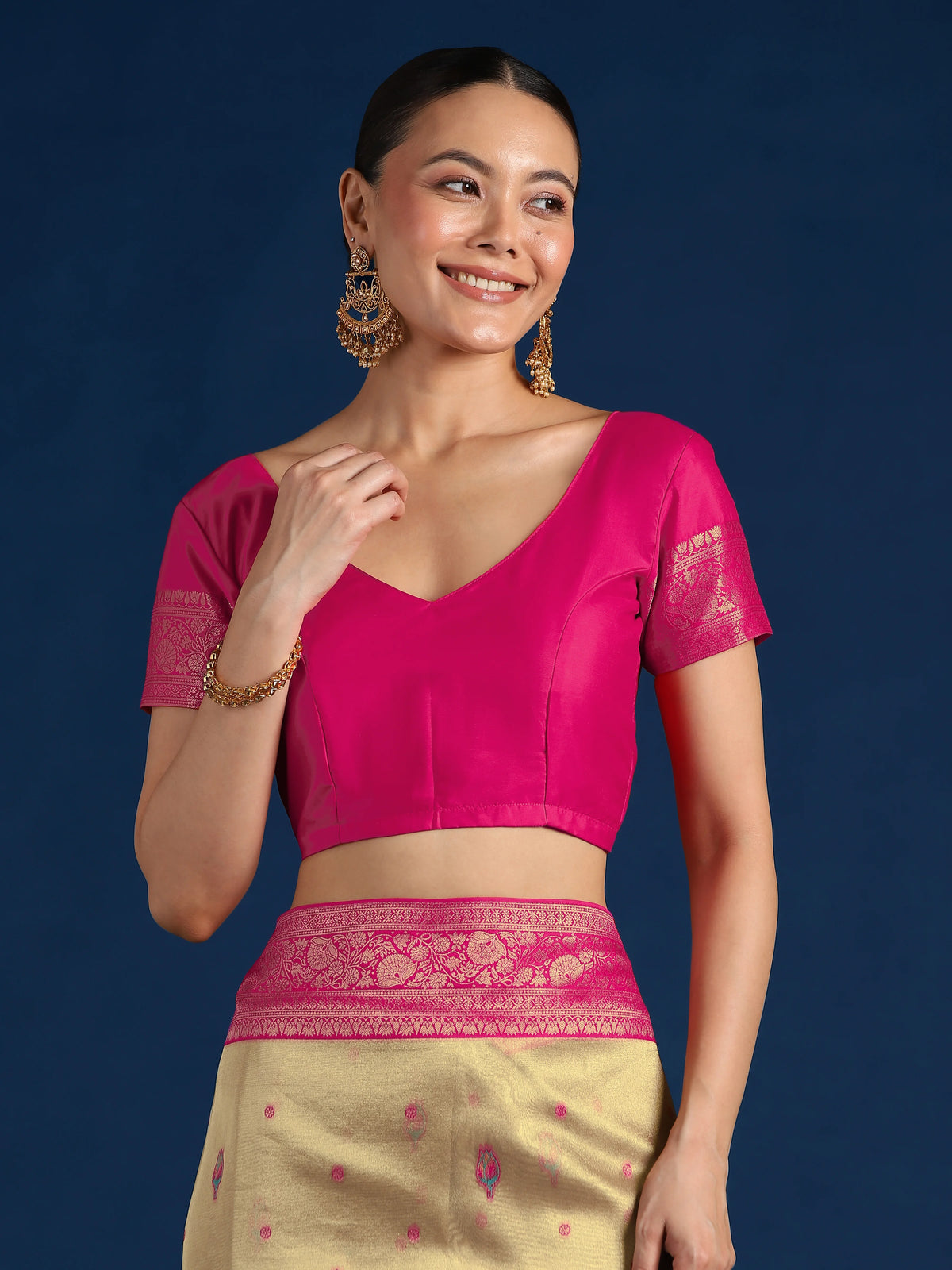 Rani Pink Silk Blend Saree with Woven Floral Motifs, blouse detail