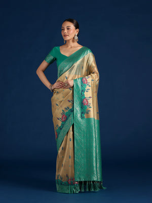 Turquoise Silk Blend Saree with Woven Floral Motifs