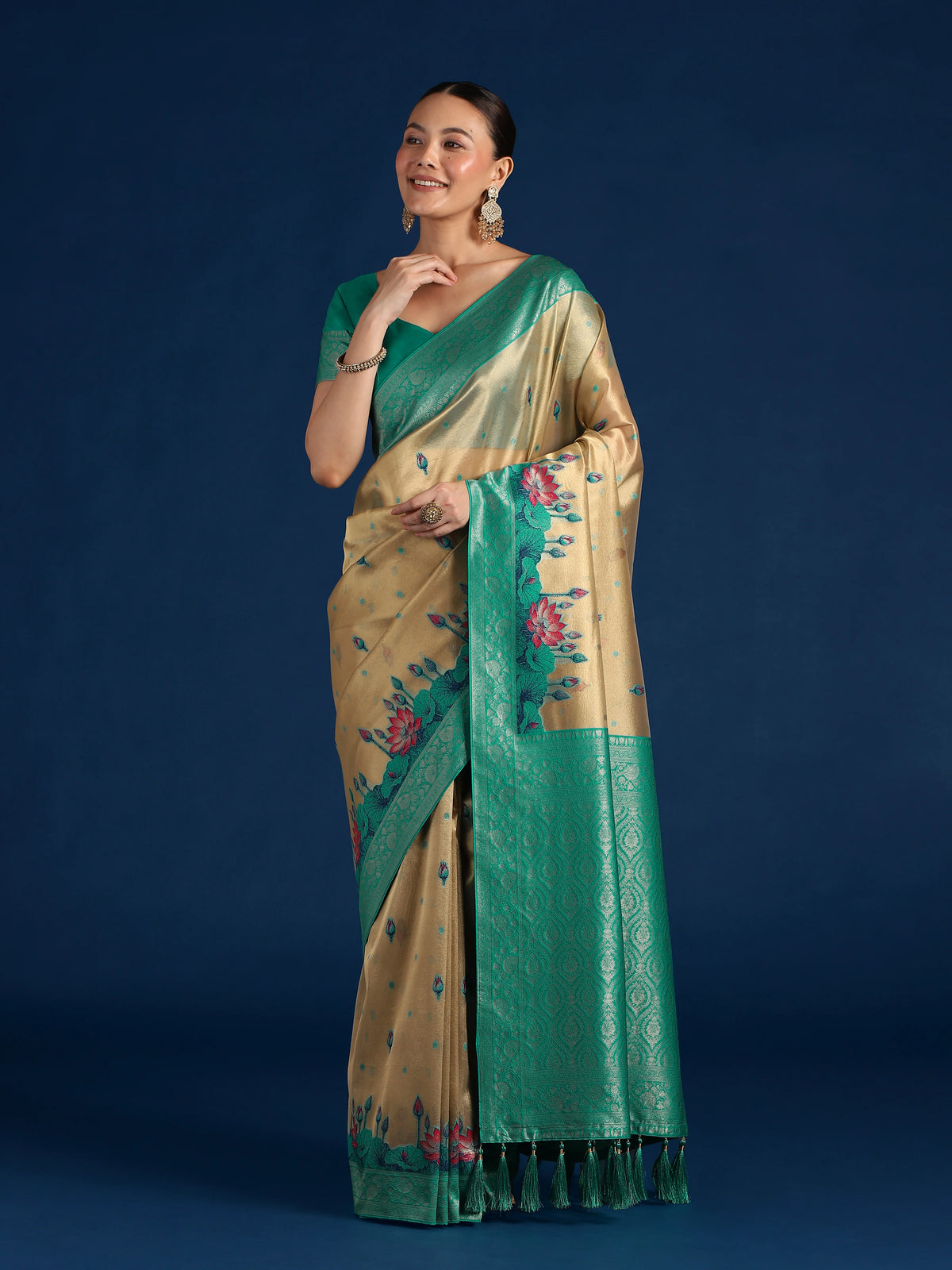 Turquoise Silk Blend Saree with Woven Floral Motifs, styled on model