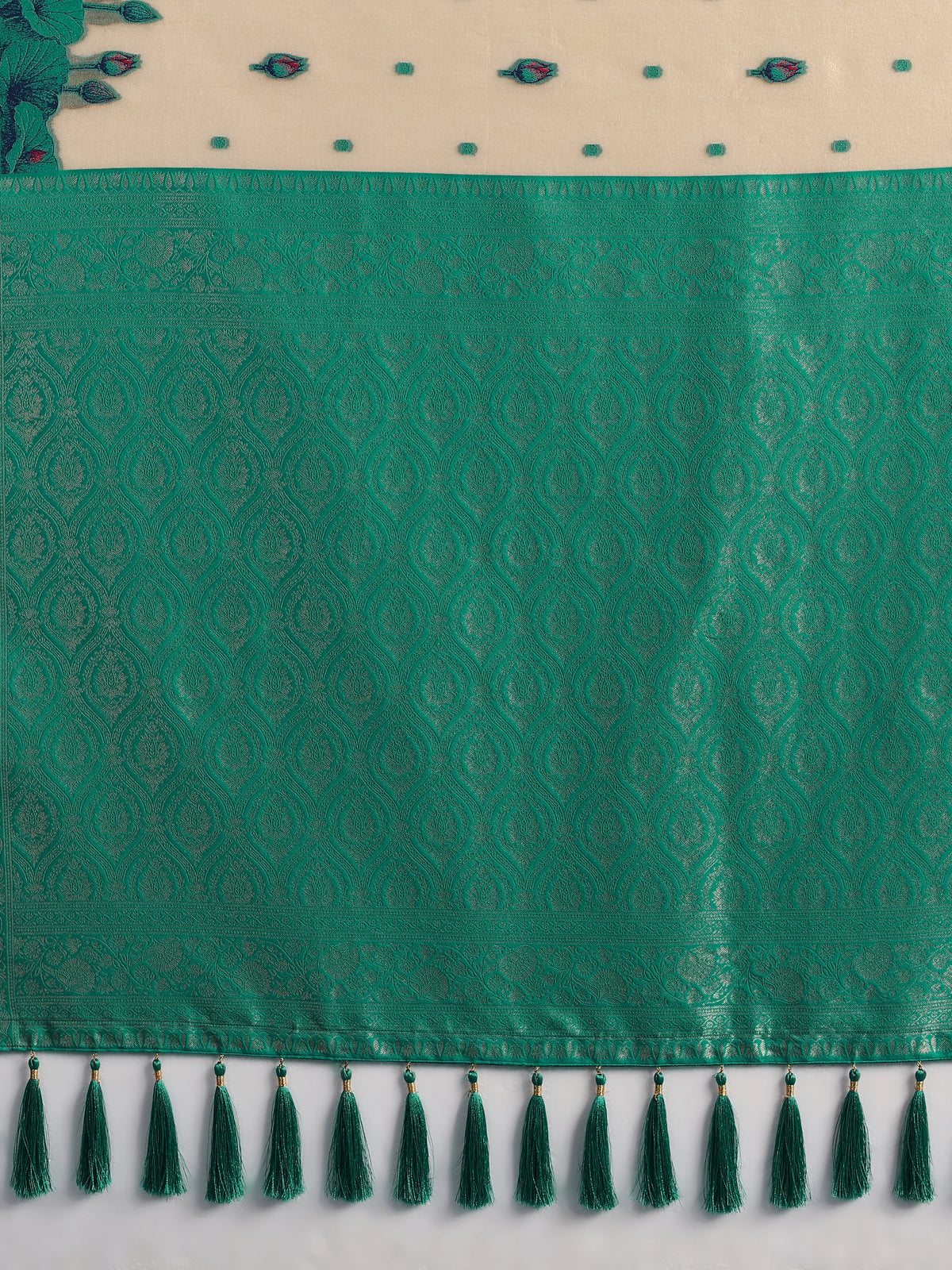 Turquoise Silk Blend Saree with Woven Floral Motifs, pallu close-up
