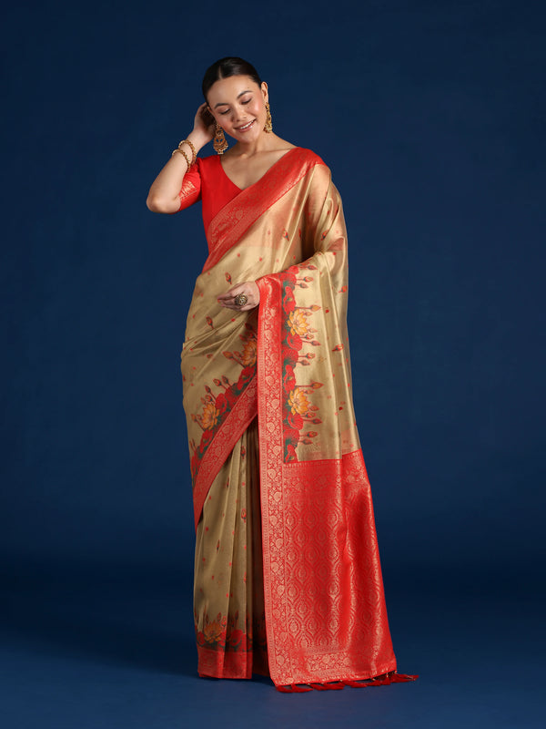 Red Silk Blend Saree with Woven Floral Motifs, front