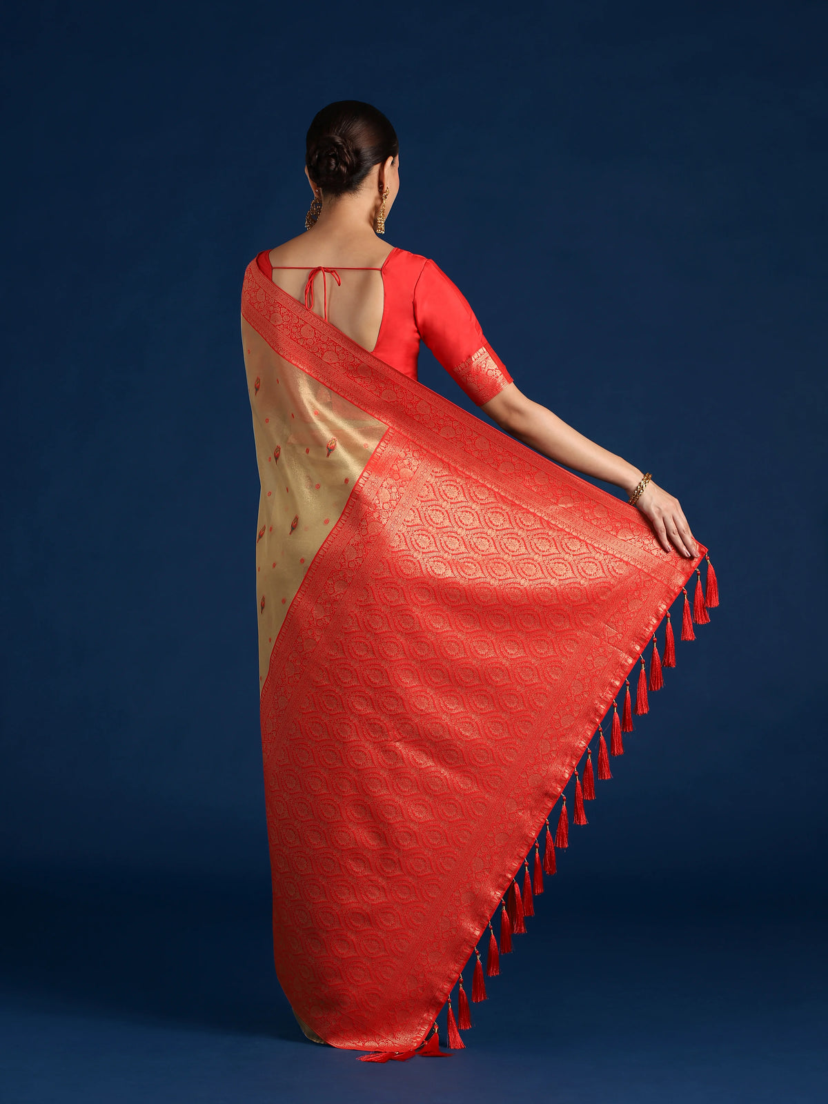 Red Silk Blend Saree with Woven Floral Motifs, back with pallu
