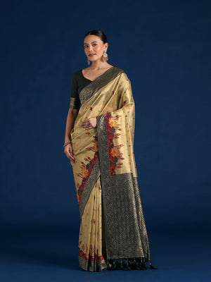 Black Silk Blend Saree with Woven Floral Motifs