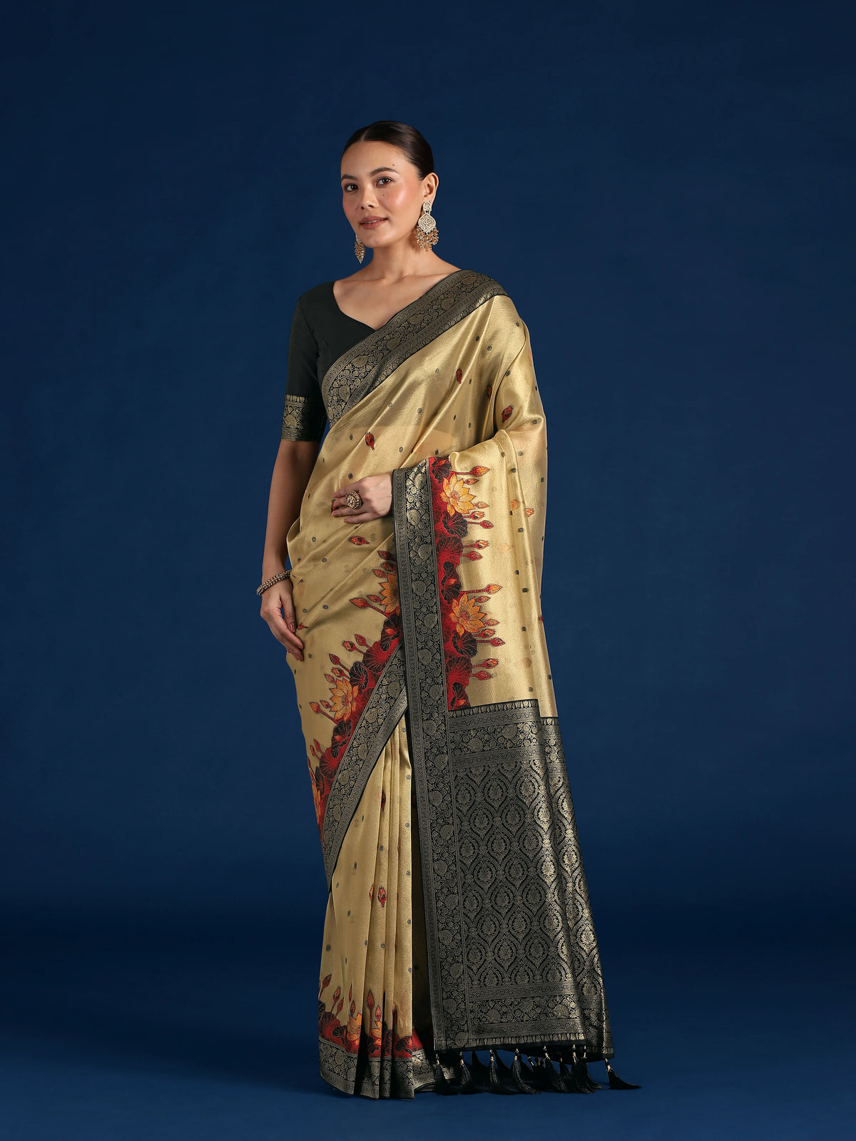 Black Silk Blend Saree with Woven Floral Motifs, front