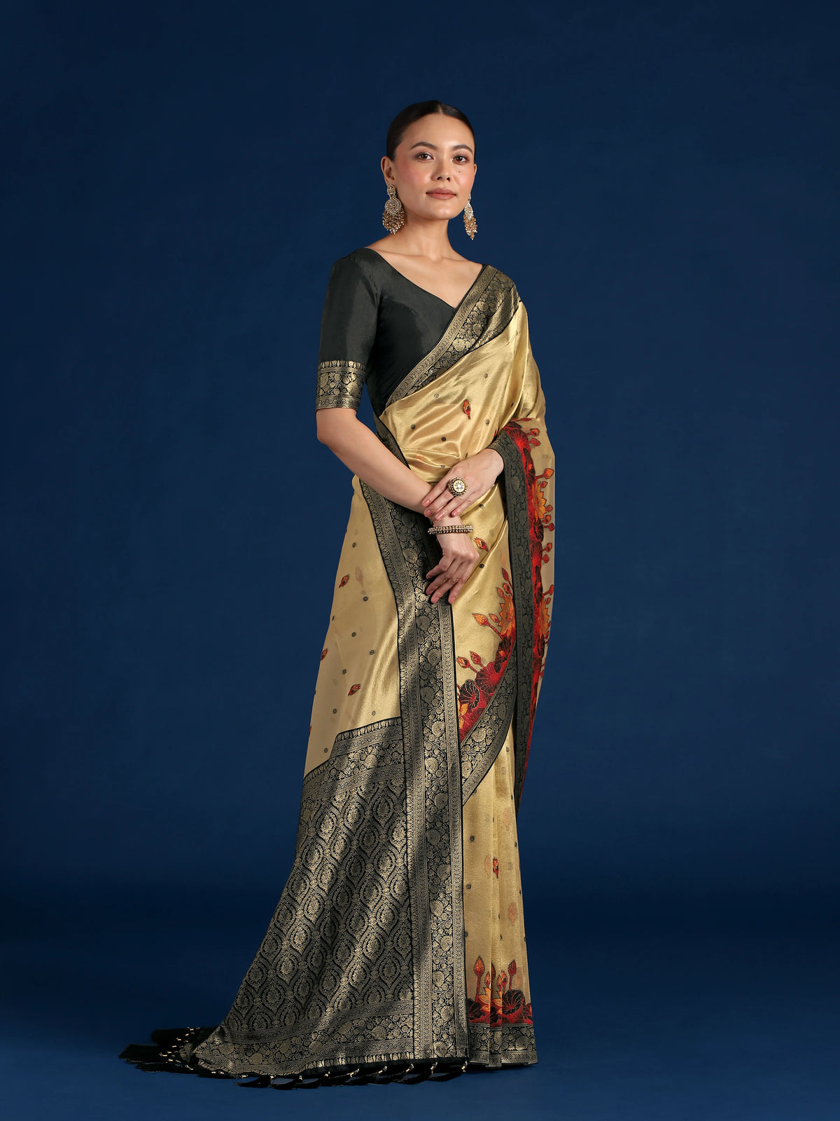 Black Silk Blend Saree with Woven Floral Motifs, styled on model