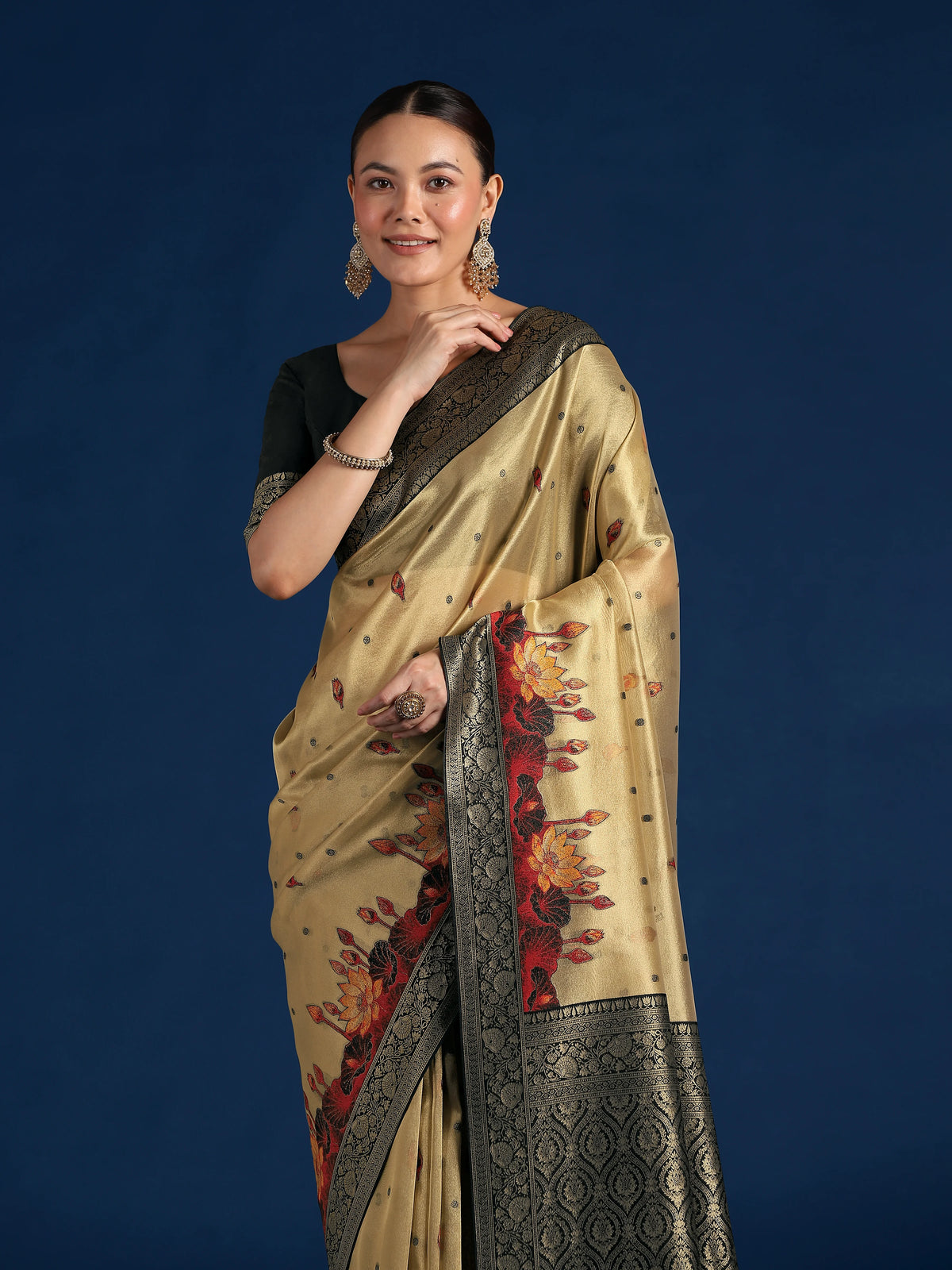 Black Silk Blend Saree with Woven Floral Motifs, drape detail