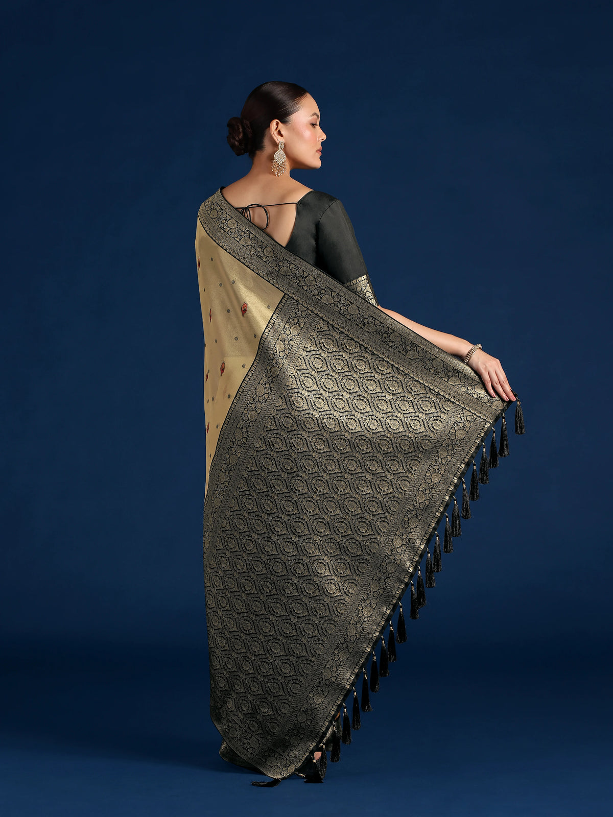 Black Silk Blend Saree with Woven Floral Motifs, back with pallu