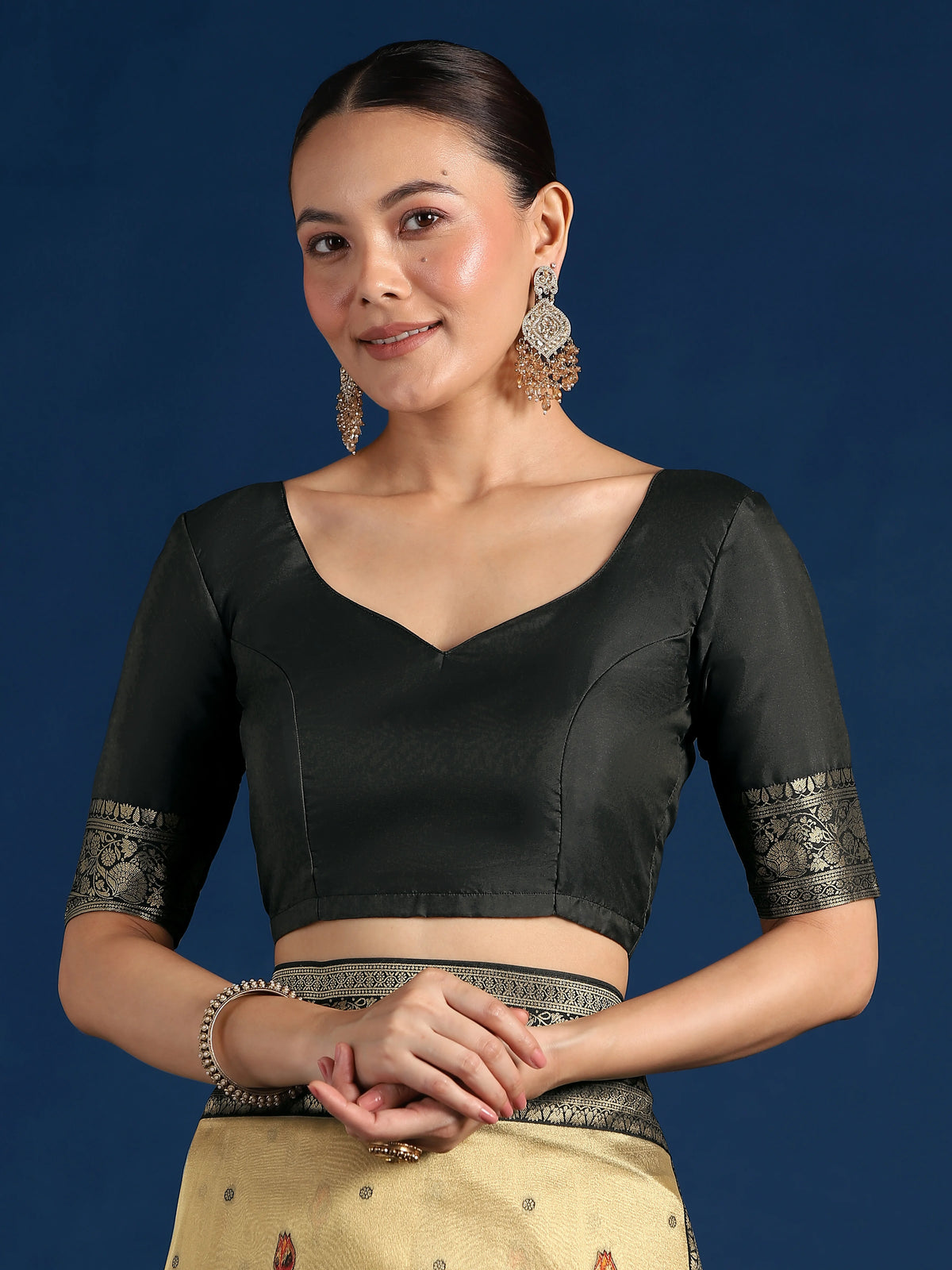 Black Silk Blend Saree with Woven Floral Motifs, blouse detail