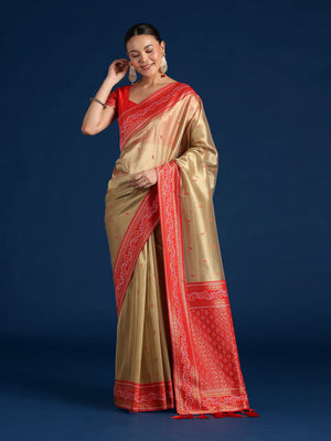 Red Silk Blend Saree with Woven Paisley Border