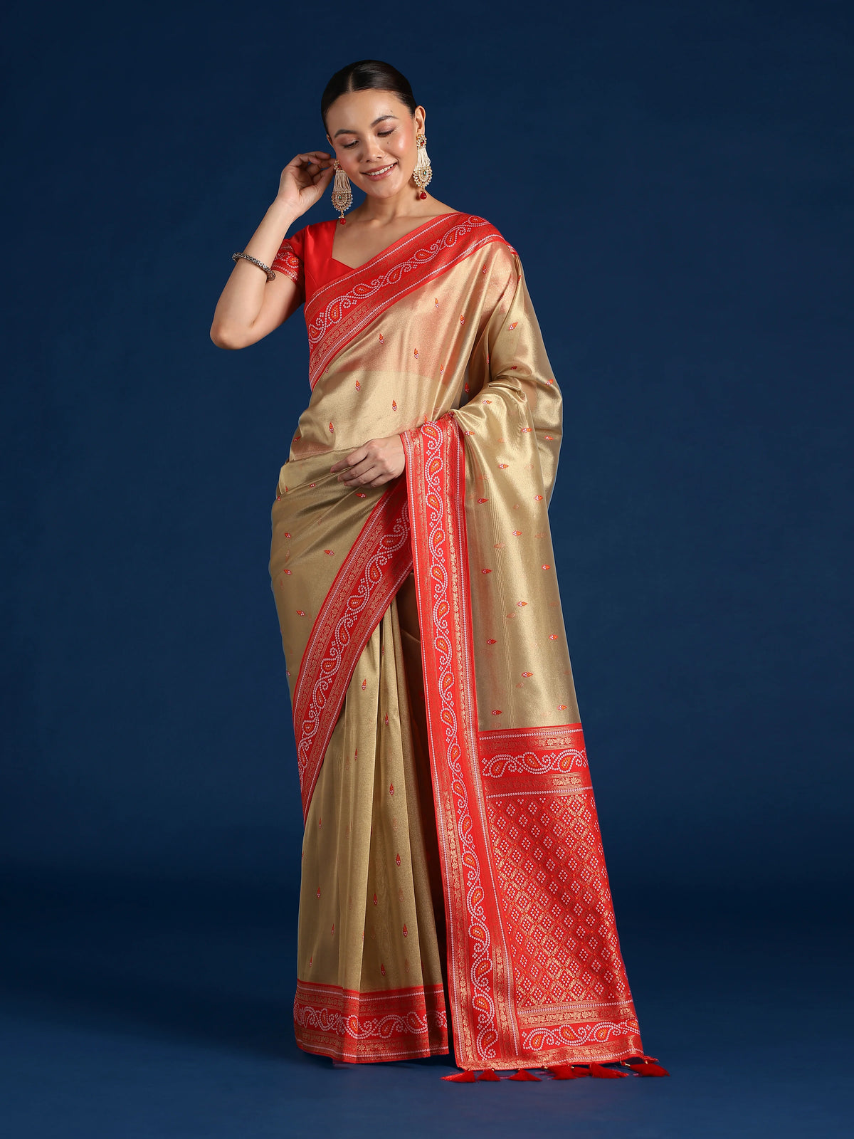 Red Silk Blend Saree with Woven Paisley Border, front