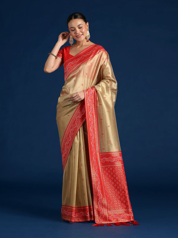 Red Silk Blend Saree with Woven Paisley Border, front