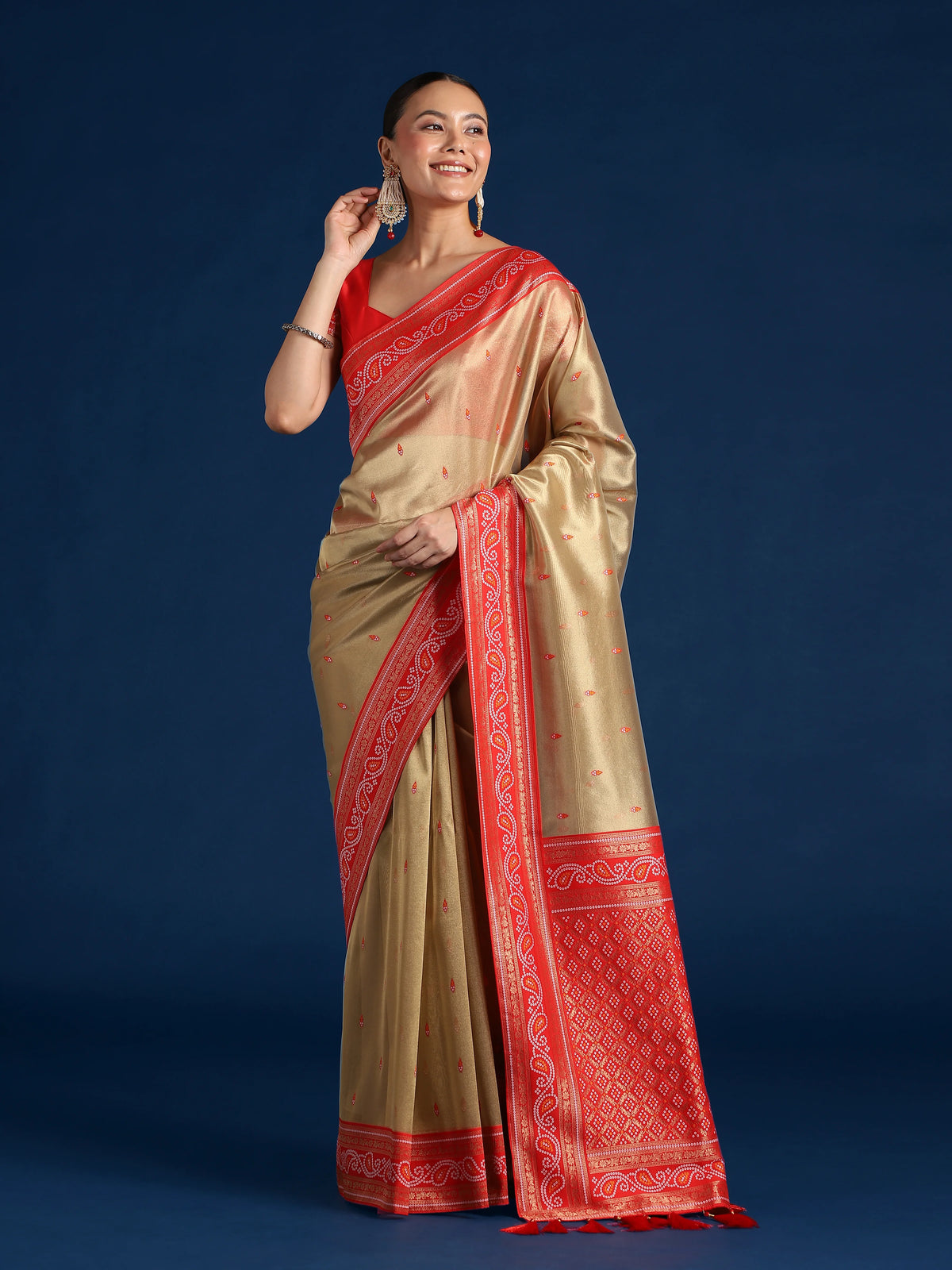 Red Silk Blend Saree with Woven Paisley Border, styled on model