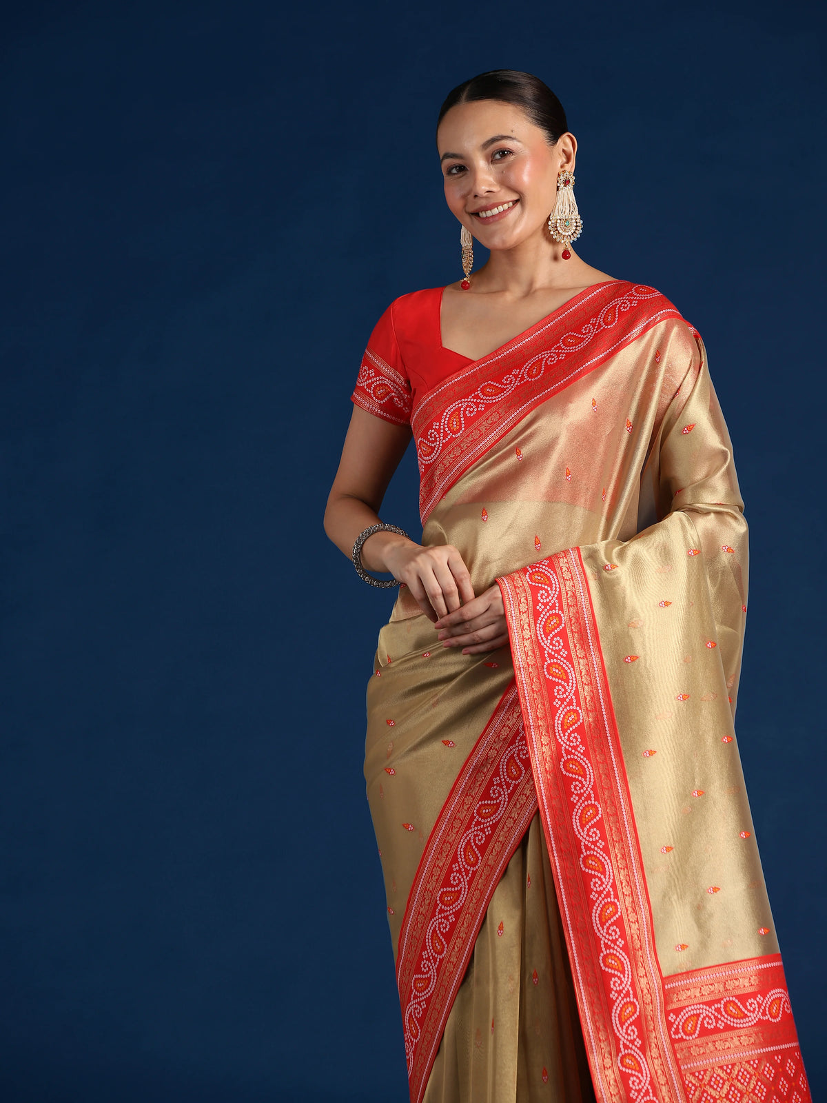 Red Silk Blend Saree with Woven Paisley Border, drape detail