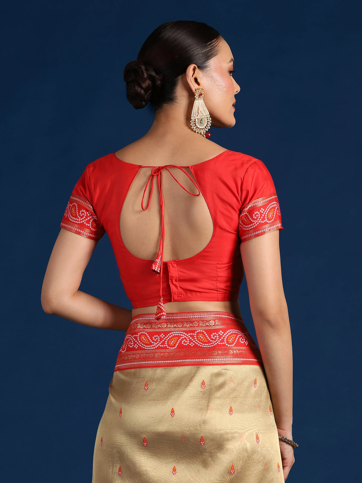 Red Silk Blend Saree with Woven Paisley Border, blouse back