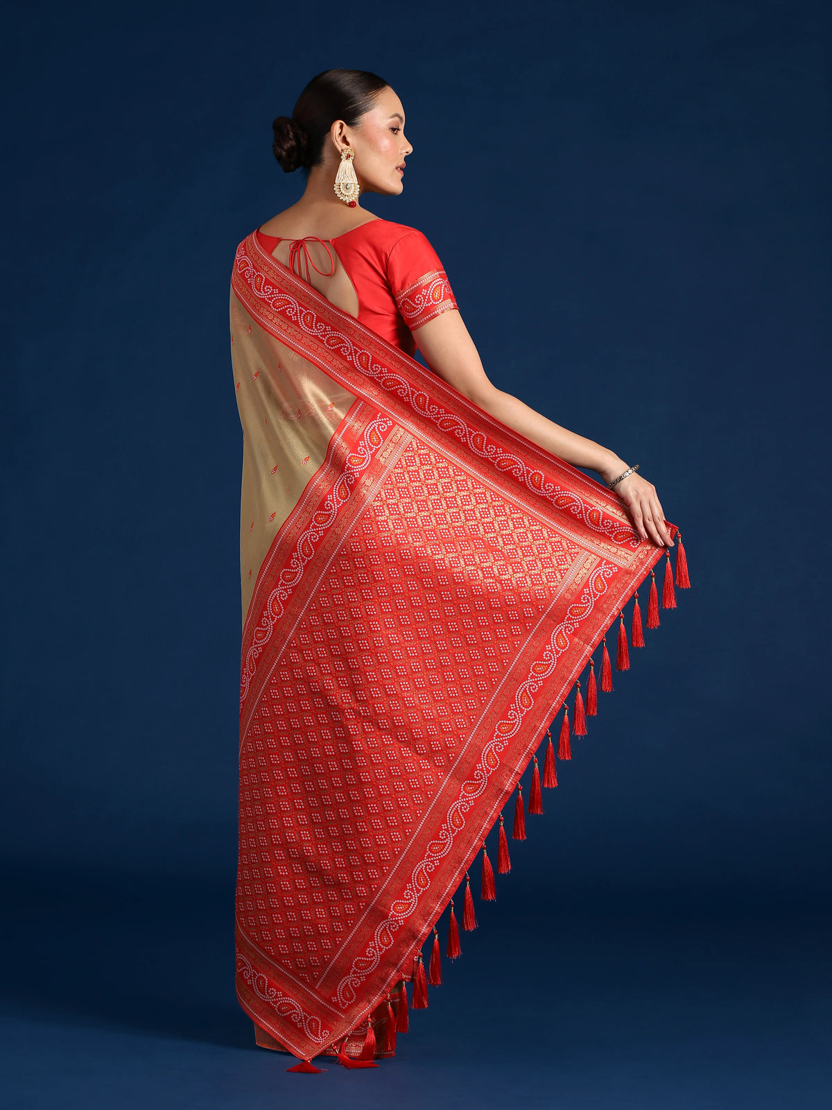Red Silk Blend Saree with Woven Paisley Border, back with pallu