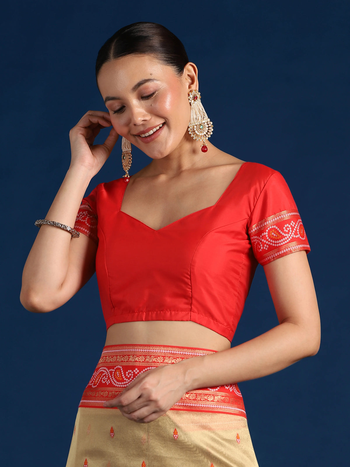 Red Silk Blend Saree with Woven Paisley Border, blouse detail