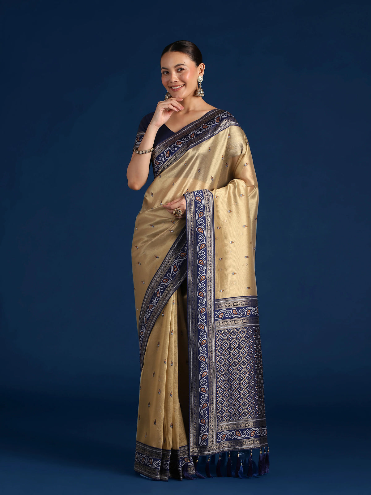 Navy Blue Silk Blend Saree with Woven Paisley Border, front