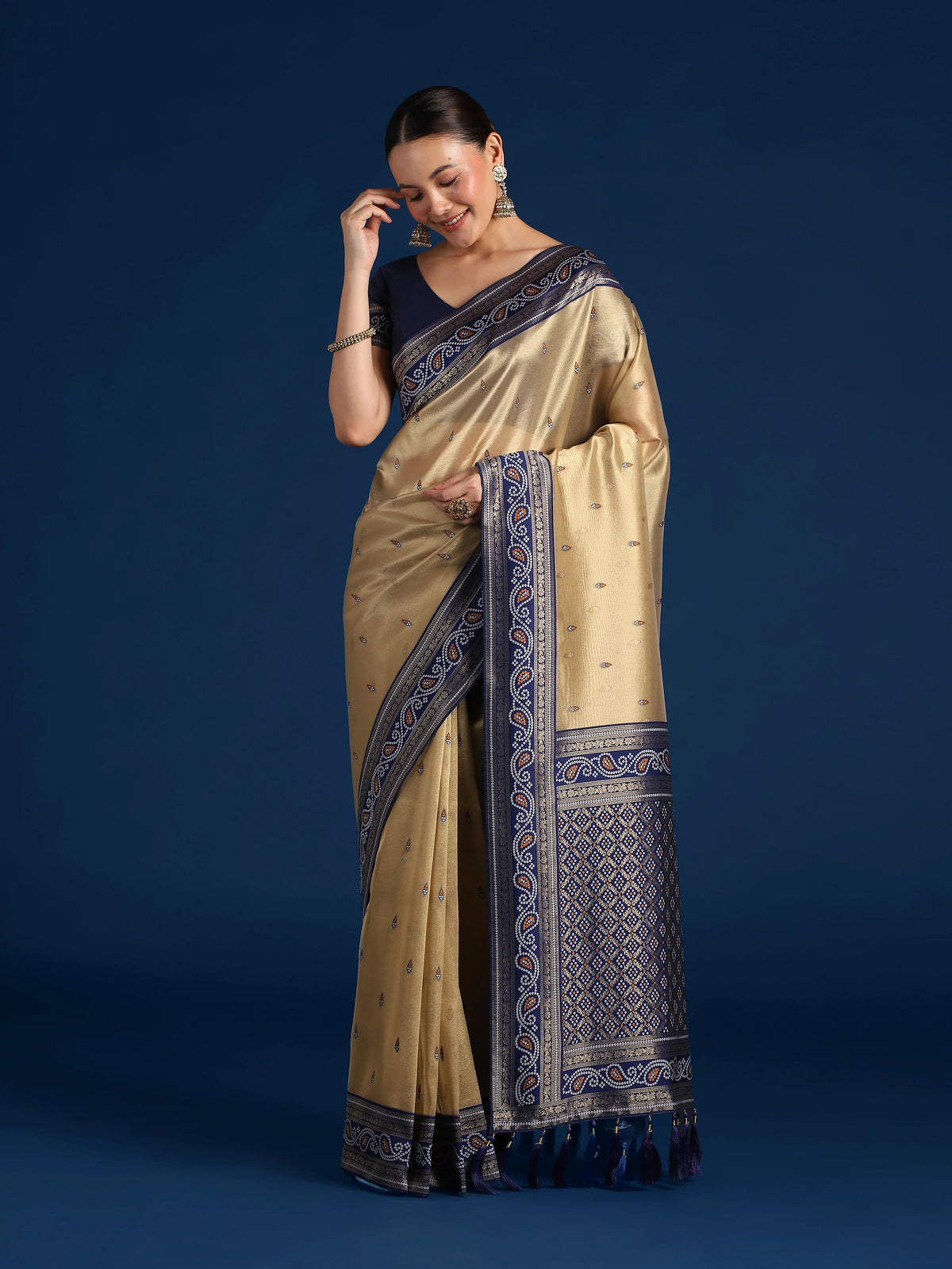 Navy Blue Silk Blend Saree with Woven Paisley Border, styled on model