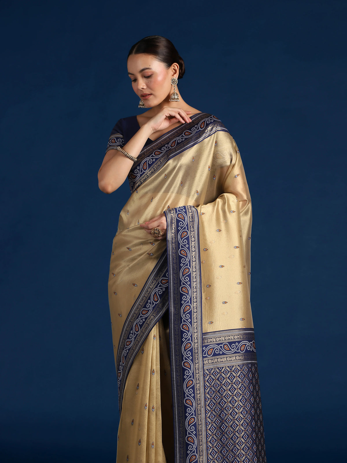 Navy Blue Silk Blend Saree with Woven Paisley Border, drape detail