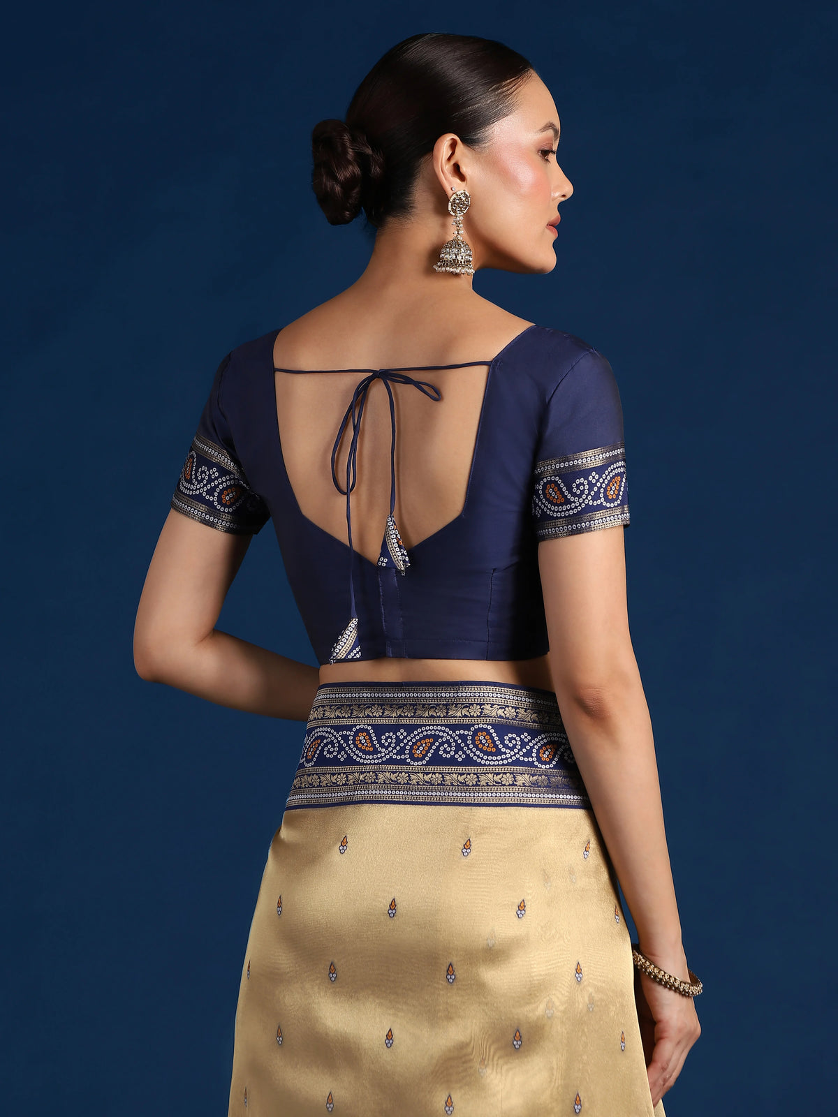 Navy Blue Silk Blend Saree with Woven Paisley Border, blouse back