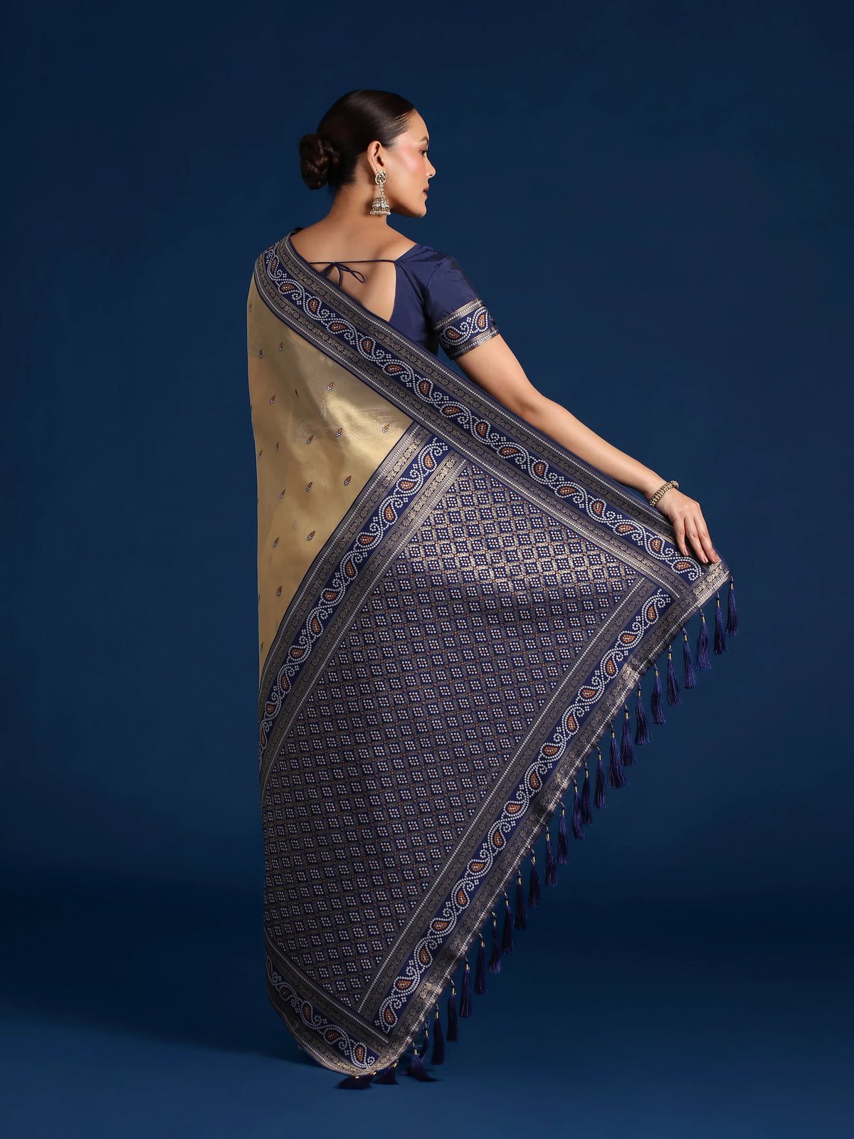 Navy Blue Silk Blend Saree with Woven Paisley Border, back with pallu