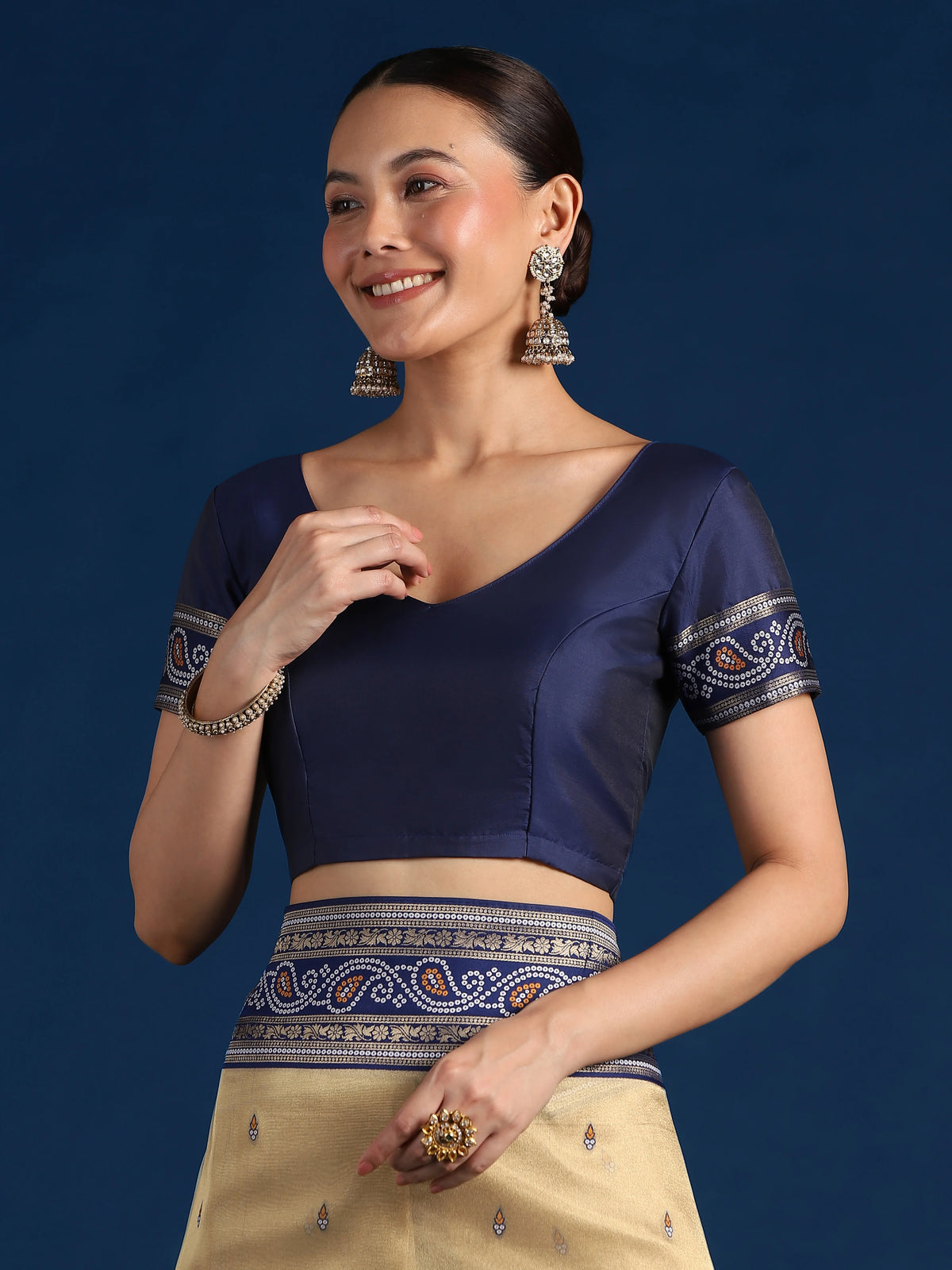 Navy Blue Silk Blend Saree with Woven Paisley Border, blouse detail