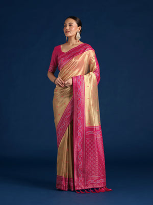 Rani Pink Silk Blend Saree with Woven Paisley Border