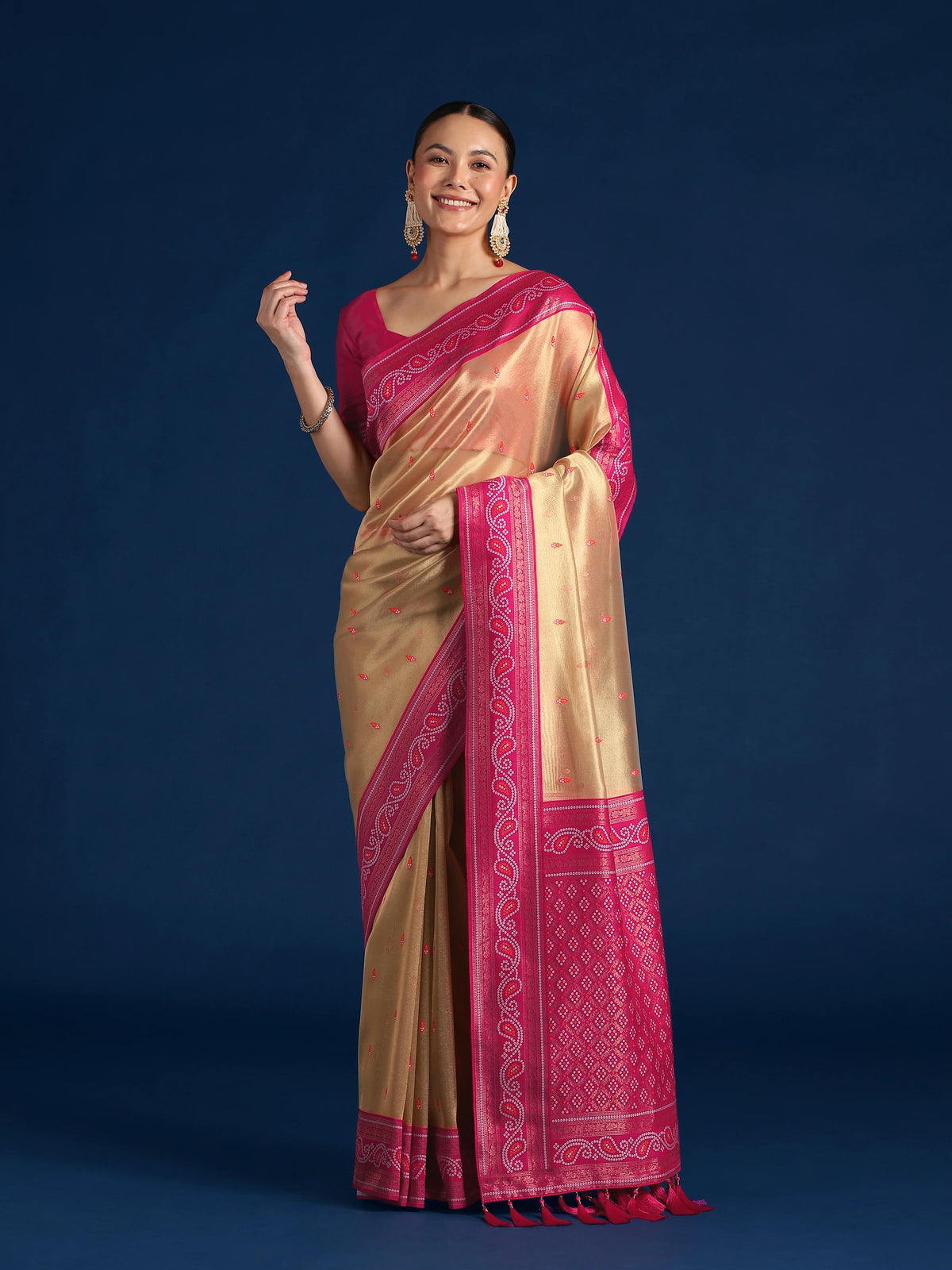 Rani Pink Silk Blend Saree with Woven Paisley Border, styled on model