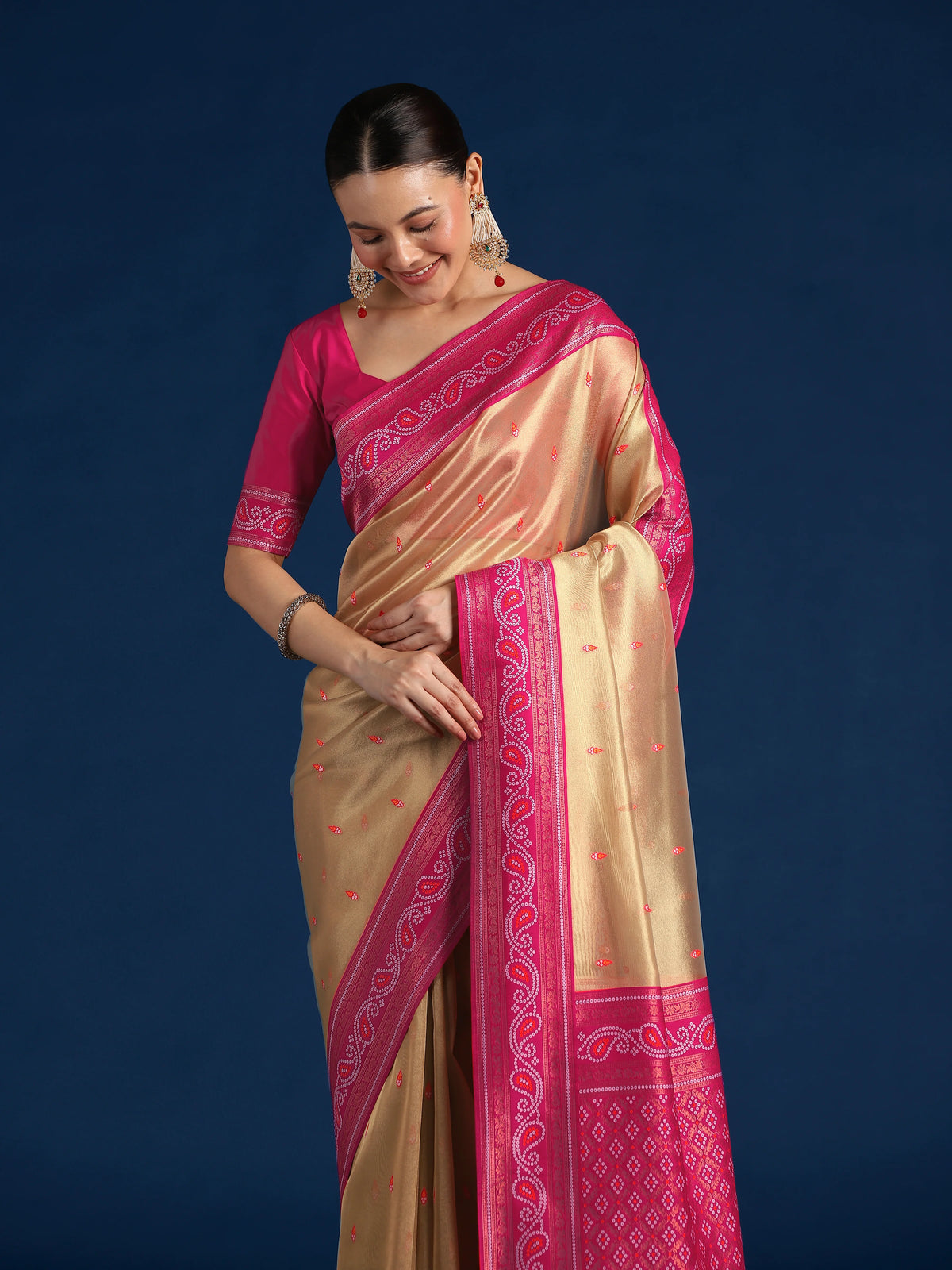 Rani Pink Silk Blend Saree with Woven Paisley Border, drape detail