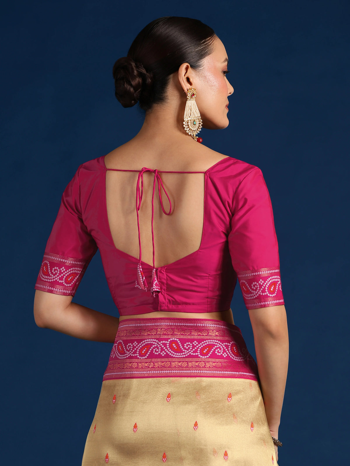 Rani Pink Silk Blend Saree with Woven Paisley Border, blouse back