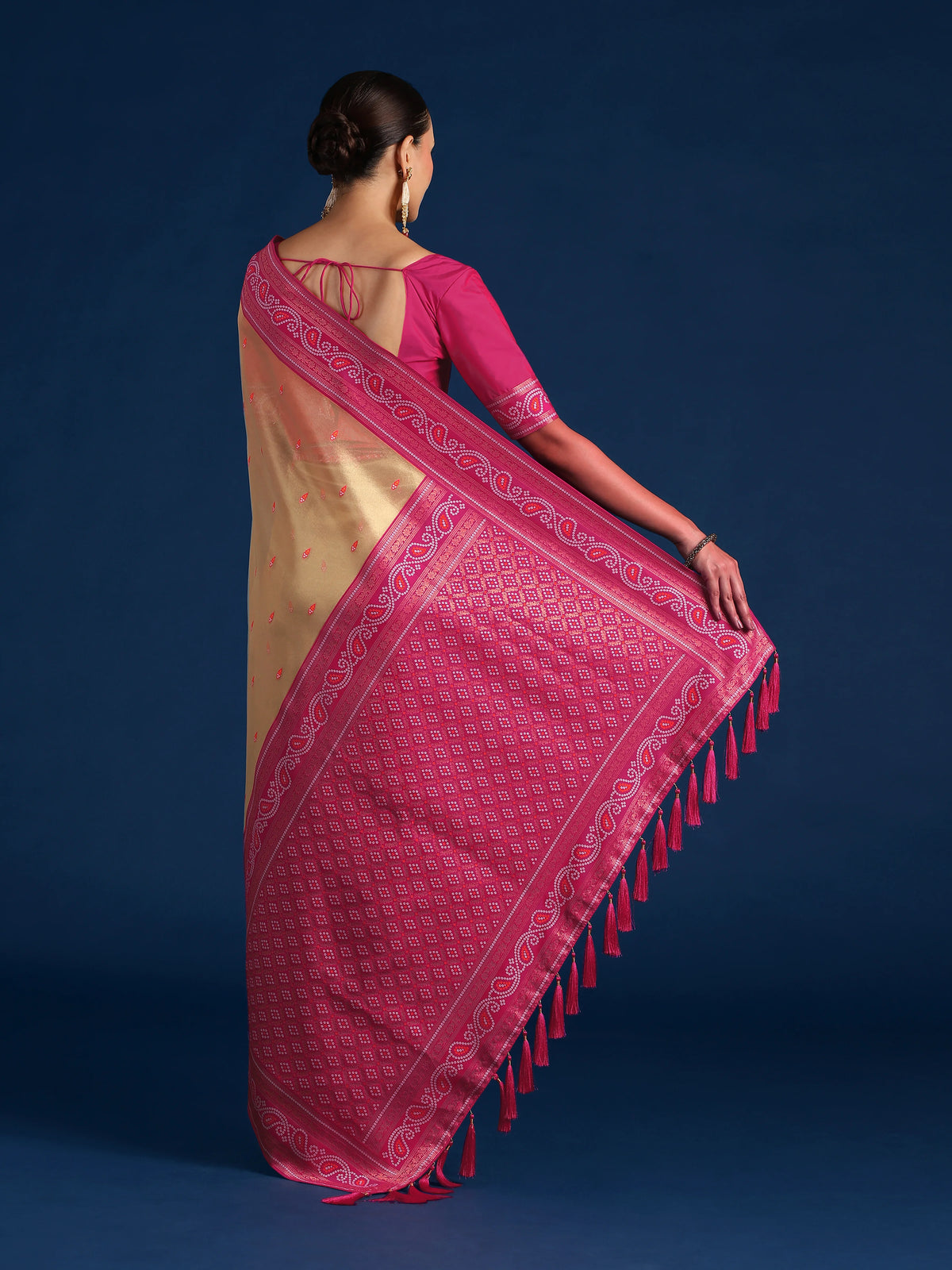 Rani Pink Silk Blend Saree with Woven Paisley Border, back with pallu