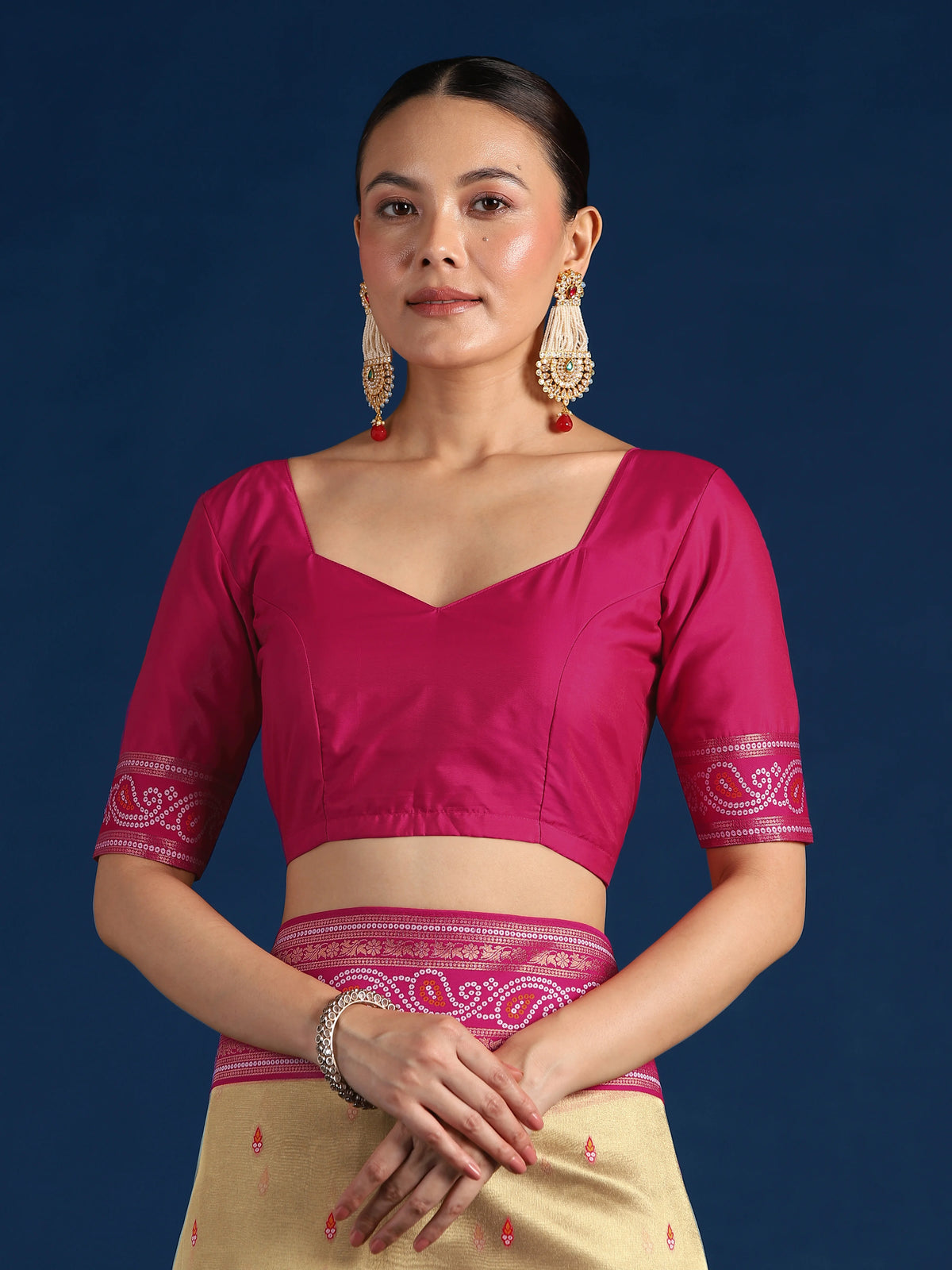 Rani Pink Silk Blend Saree with Woven Paisley Border, blouse detail