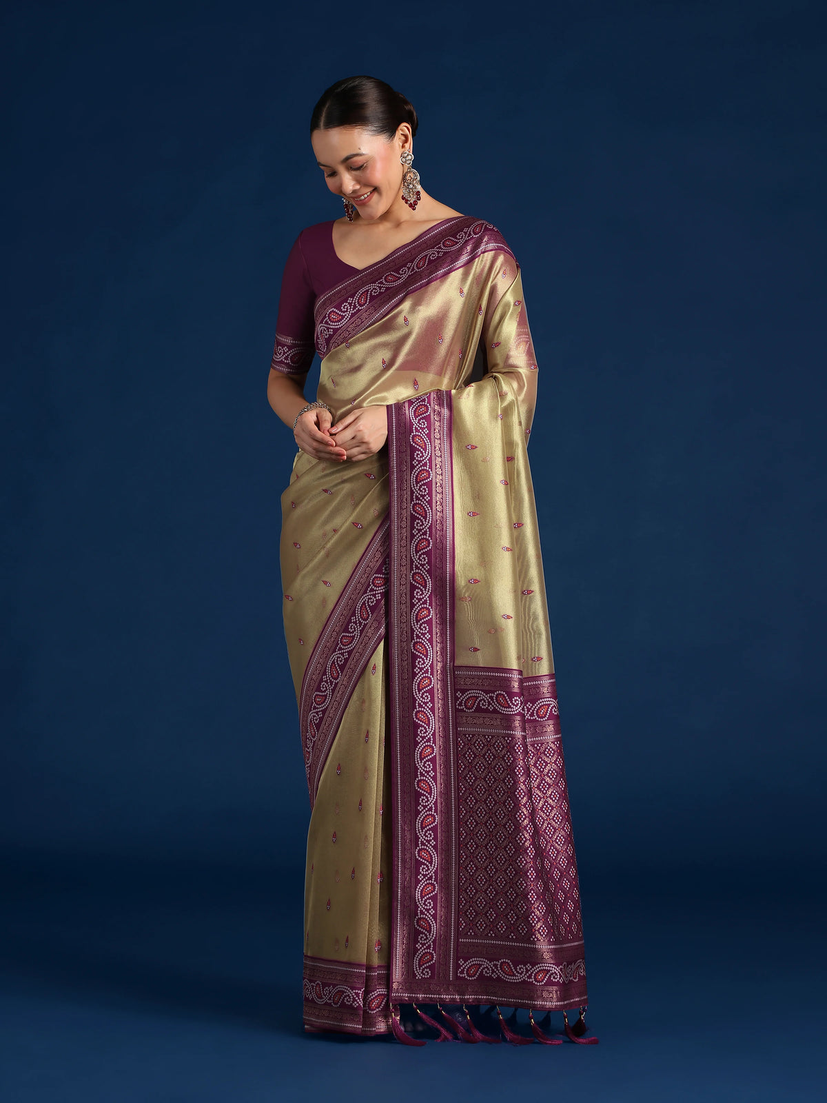Purple Silk Blend Saree with Woven Paisley Border, front