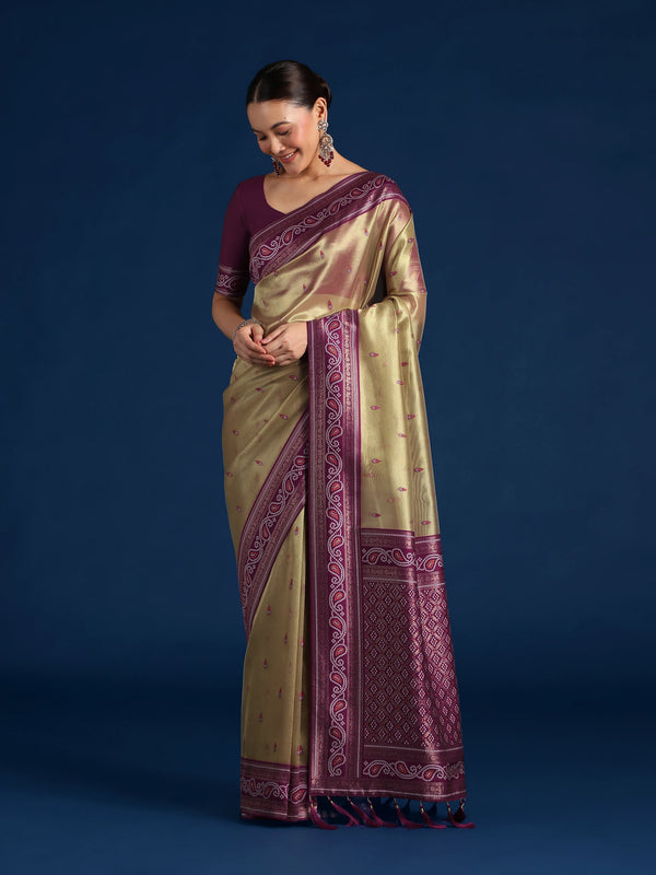 Purple Silk Blend Saree with Woven Paisley Border, front