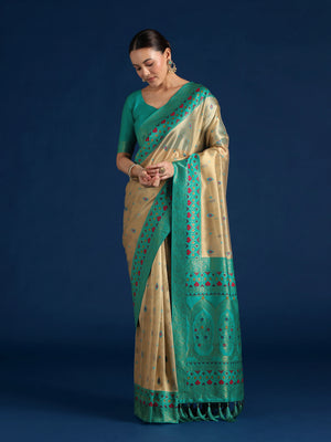 Turquoise Silk Blend Saree with Zari Weave Pallu