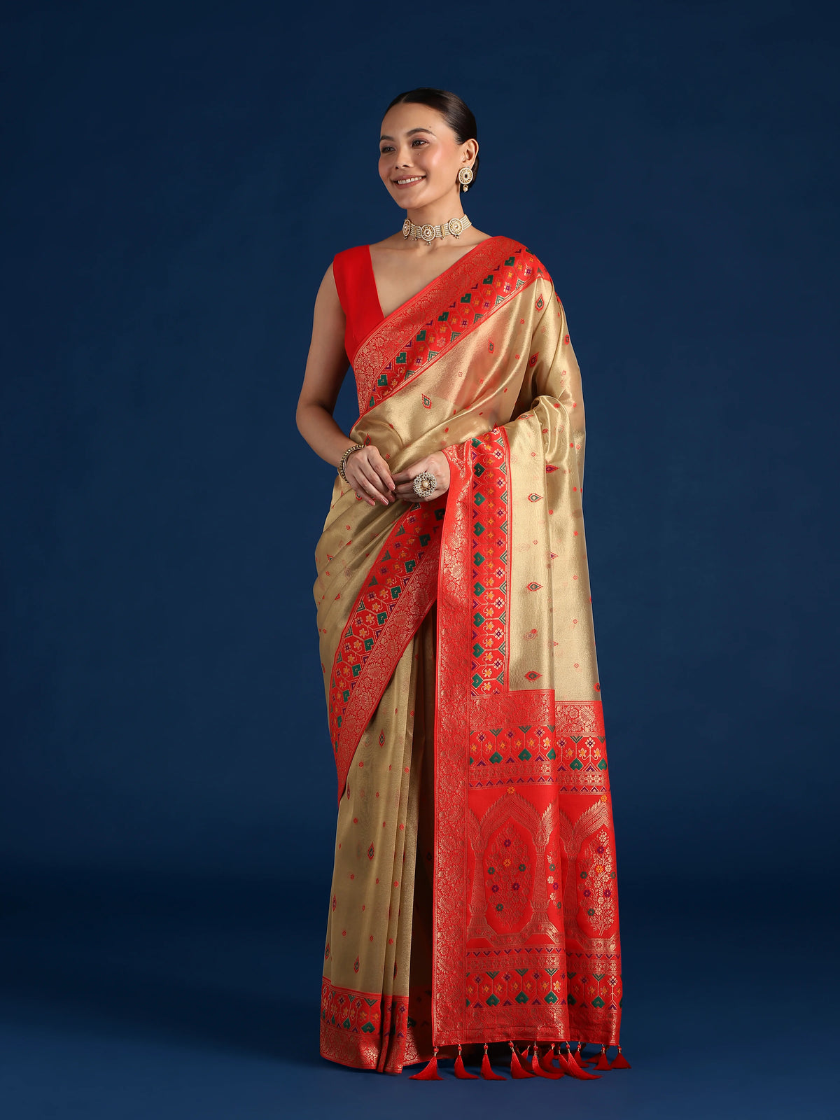 Red Silk Blend Saree with Zari Weave Pallu, front