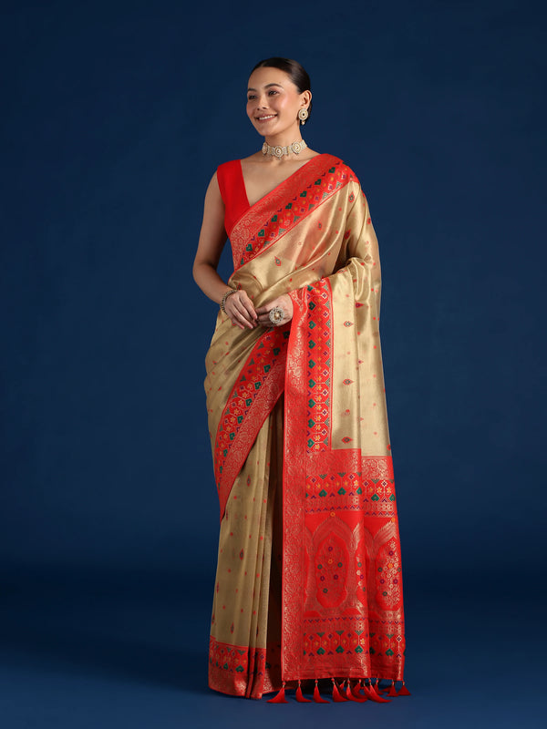 Red Silk Blend Saree with Zari Weave Pallu, front