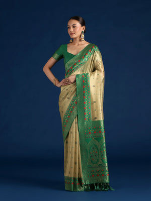 Dark Green Silk Blend Saree with Zari Weave Pallu