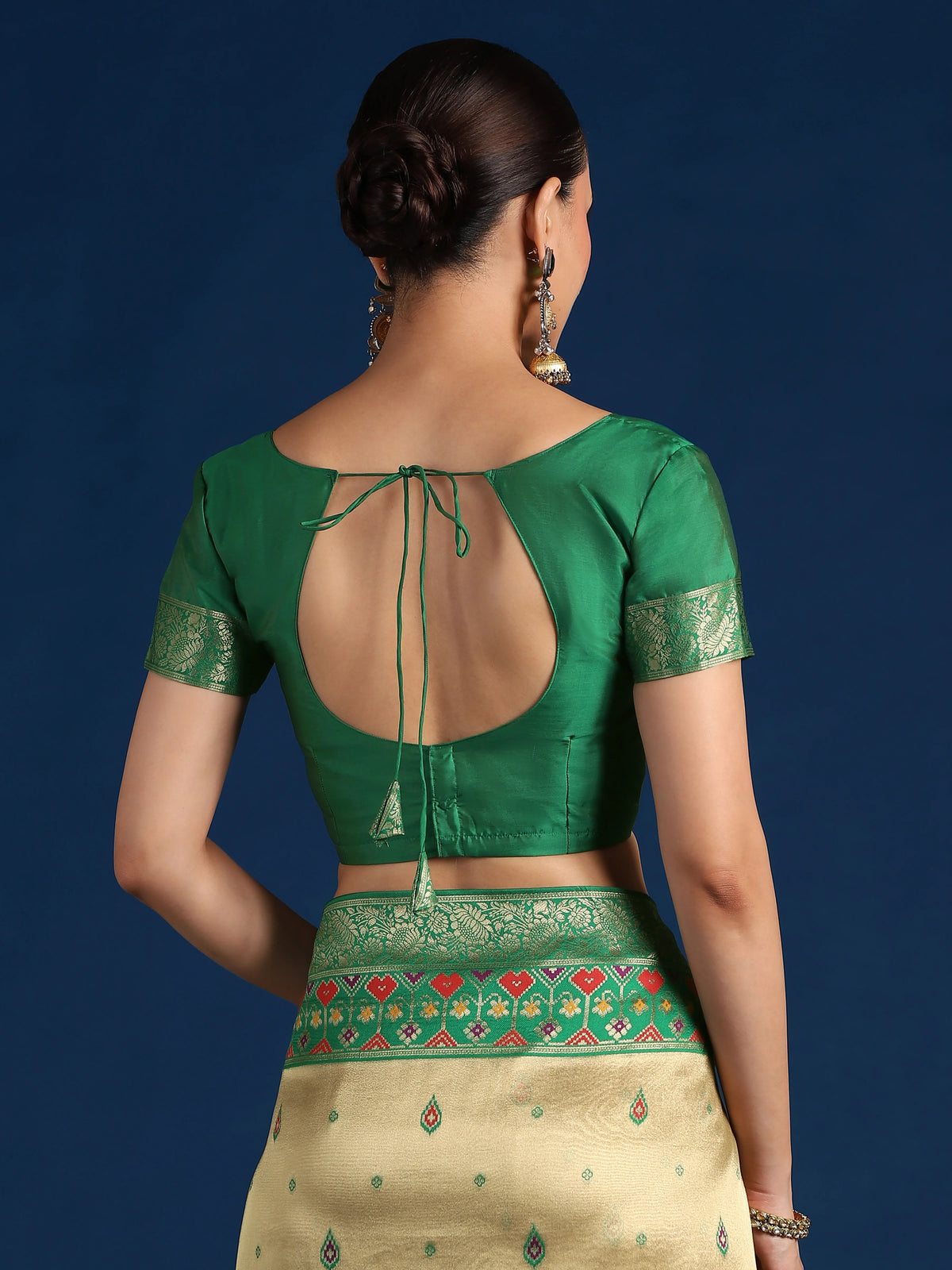 Dark Green Silk Blend Saree with Zari Weave Pallu, blouse back