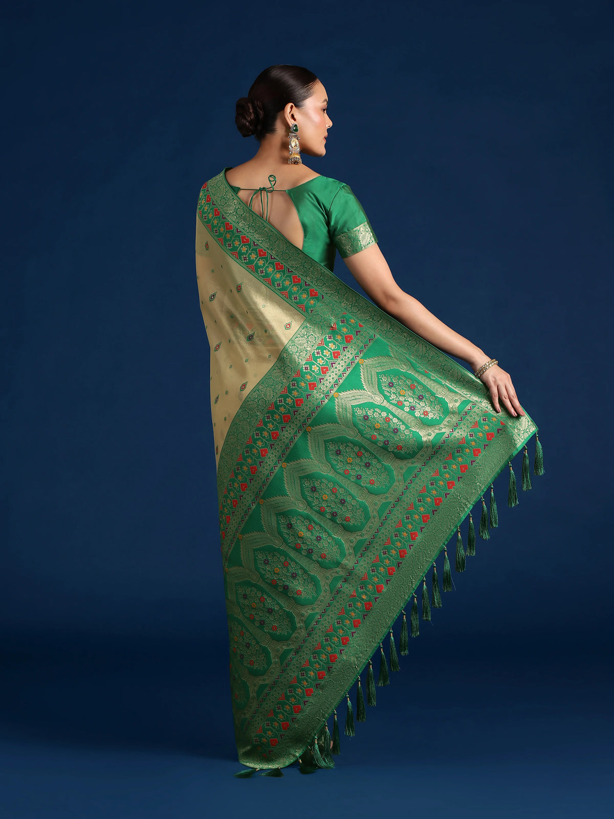 Dark Green Silk Blend Saree with Zari Weave Pallu, back with pallu