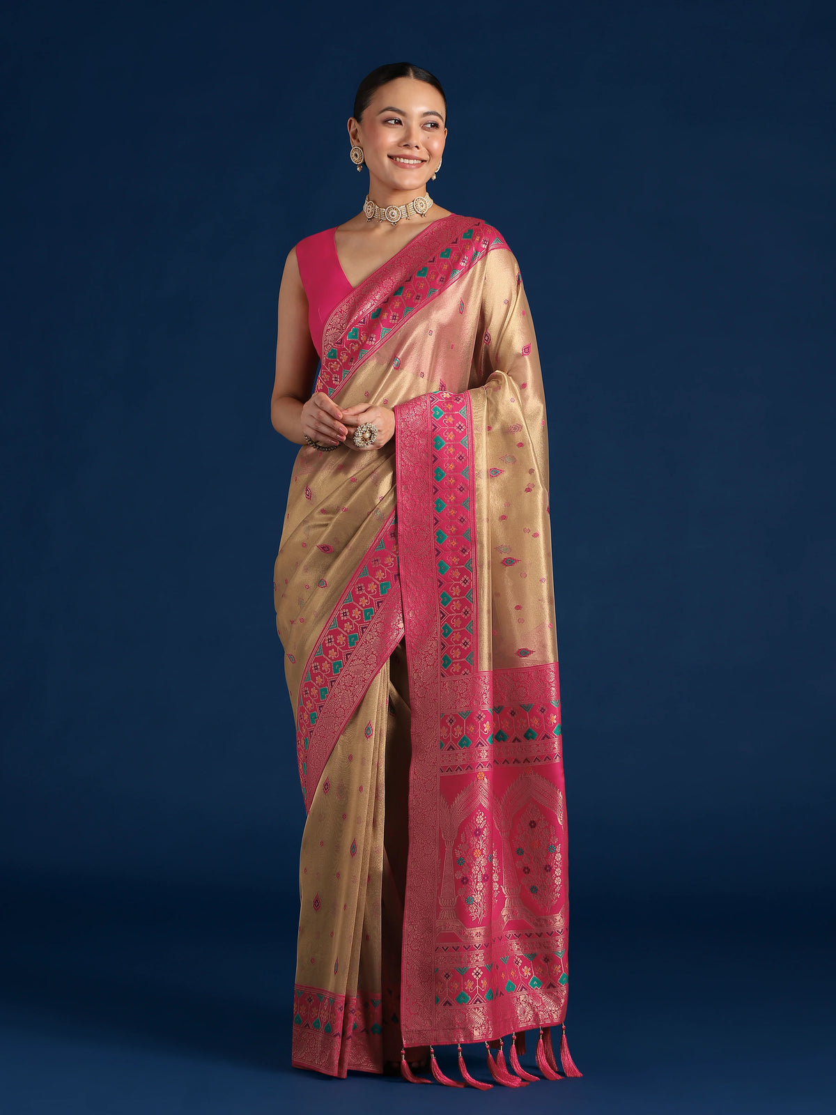 Rani Pink Silk Blend Saree with Zari Weave Pallu, styled on model